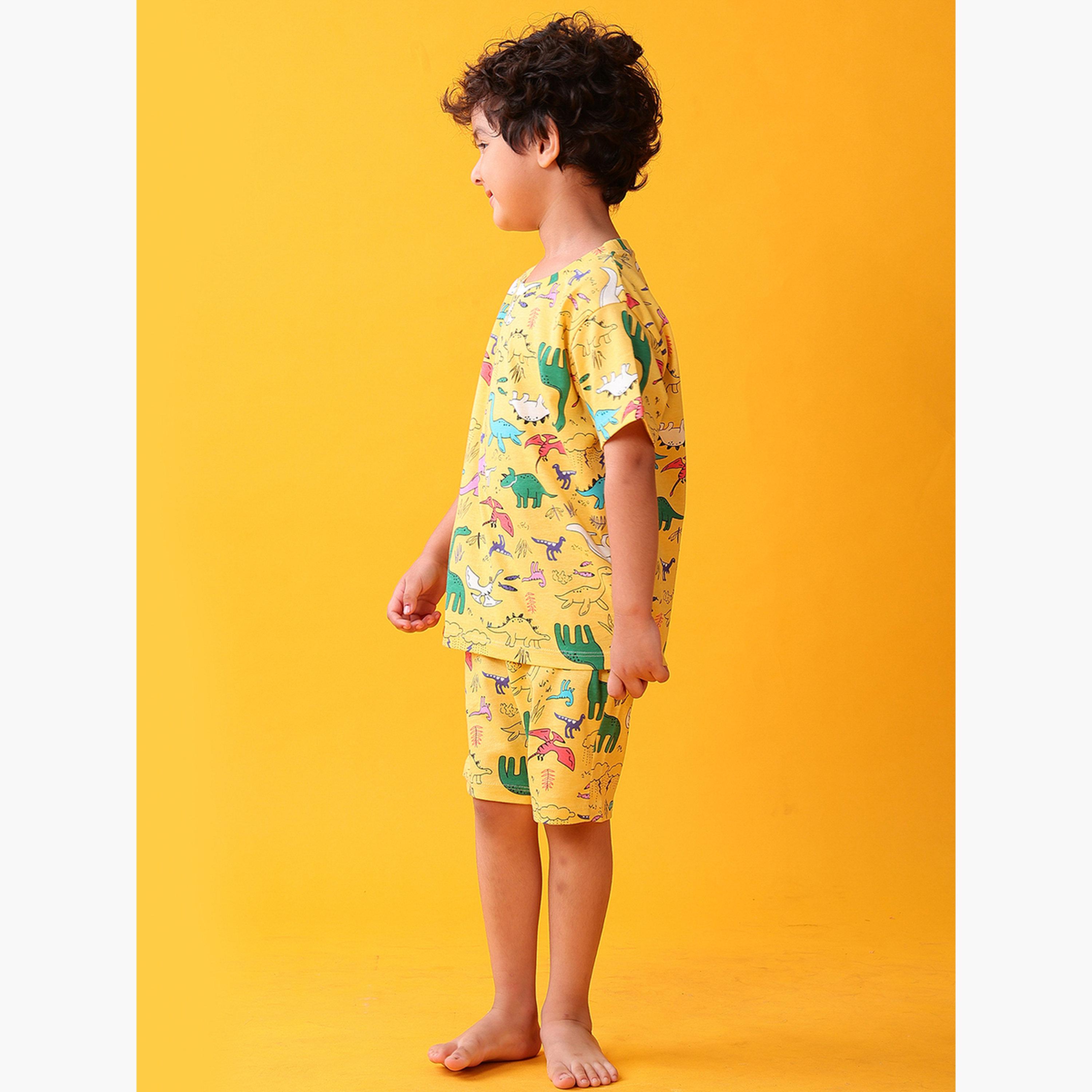 أنثريلو - تي شيرت وشورت للأطفال قطني بطبعة ديناصور أصفر-boys-clothing-setsandcoords-image-3