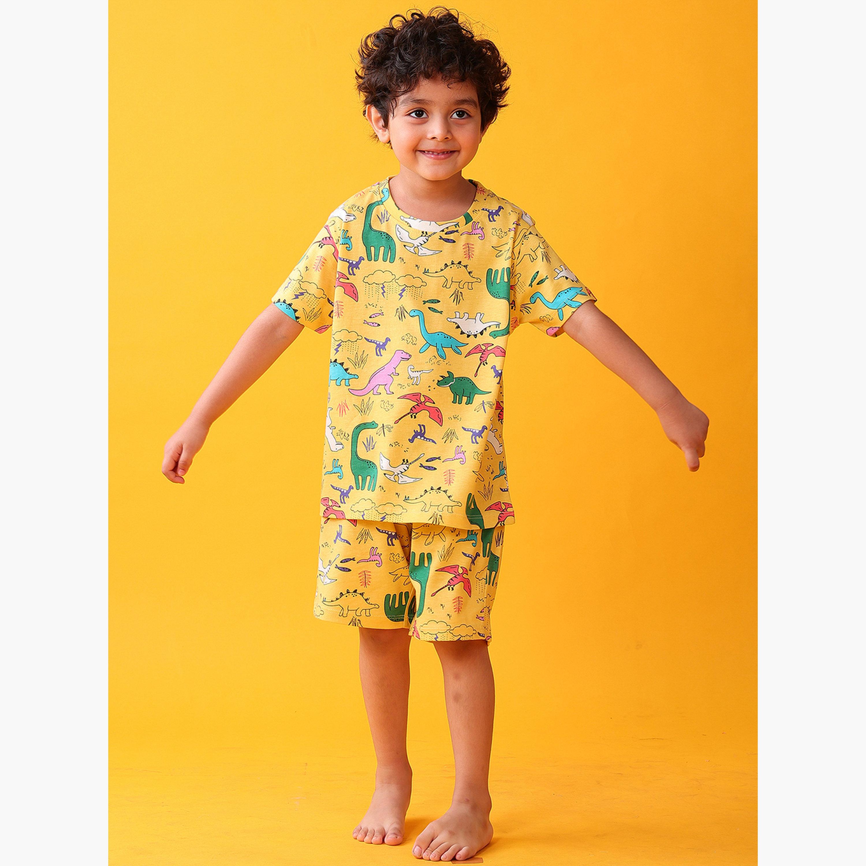 أنثريلو - تي شيرت وشورت للأطفال قطني بطبعة ديناصور أصفر-boys-clothing-setsandcoords-image-5