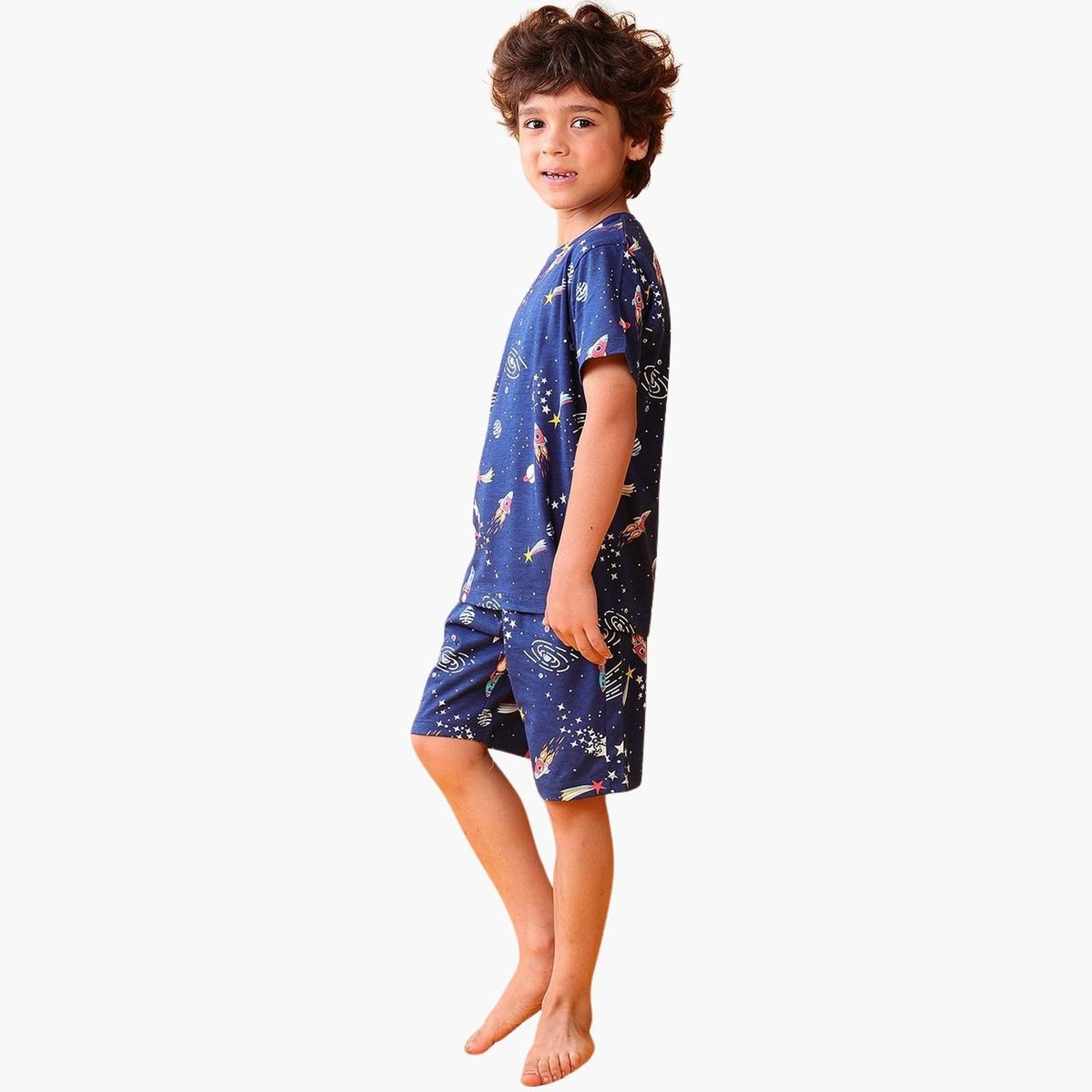 انثريلو - تي شيرت وشورت نقشة فضاء لون أزرق داكن-boys-clothing-setsandcoords-image-2