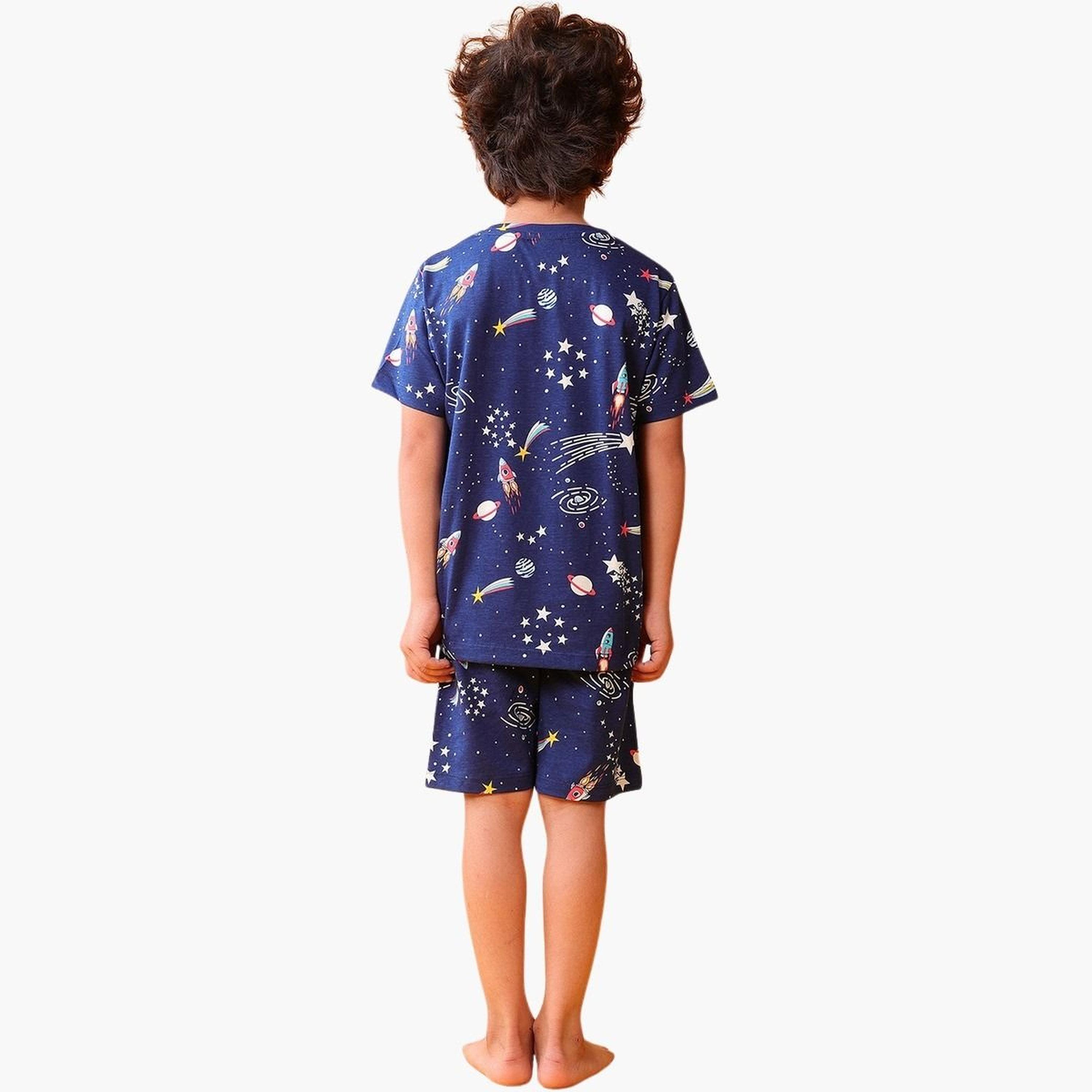 انثريلو - تي شيرت وشورت نقشة فضاء لون أزرق داكن-boys-clothing-setsandcoords-image-3