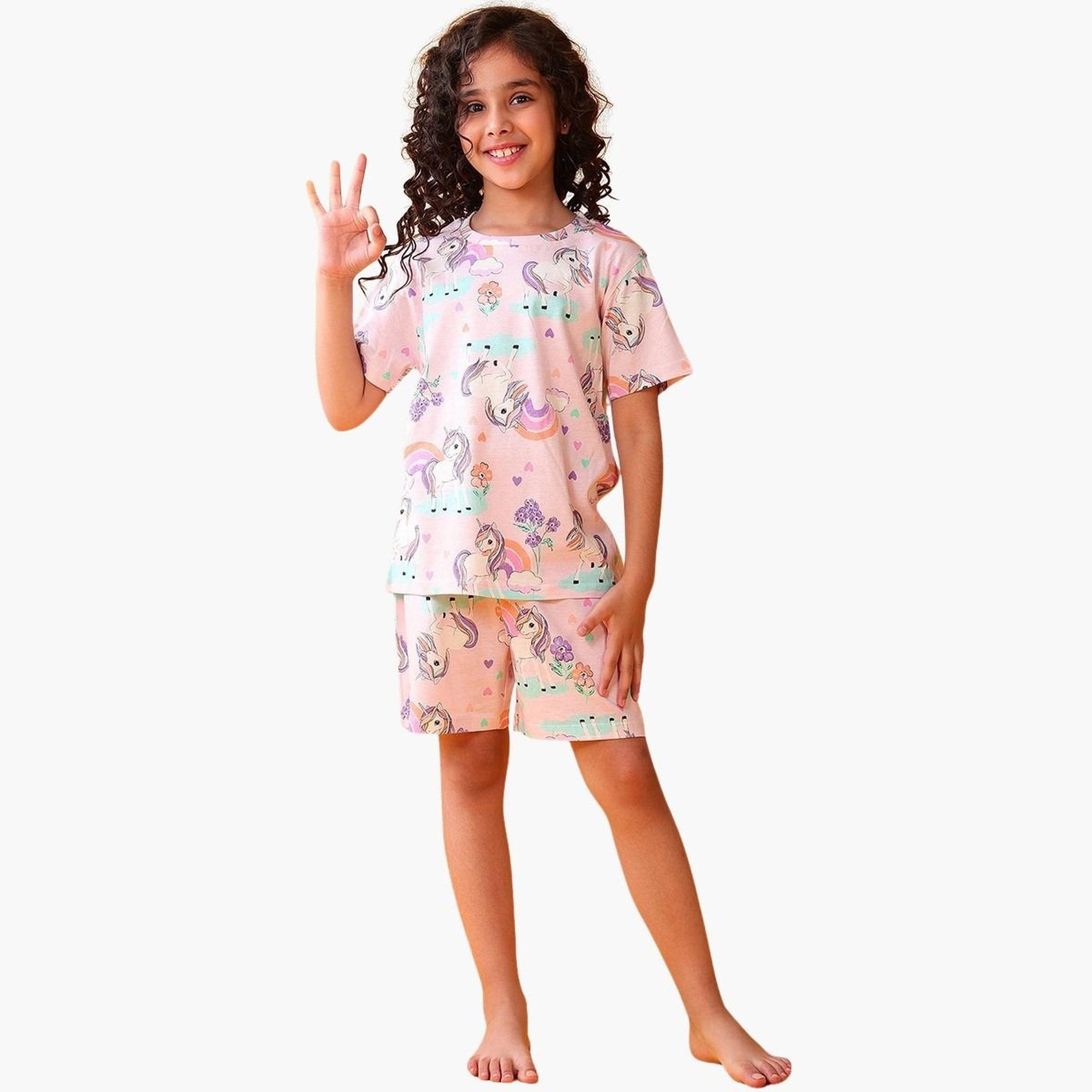 Anthrilo Girls Unicorn Print Cotton T-Shirt and Shorts Set-girls-clothing-setsandcoords-image-1