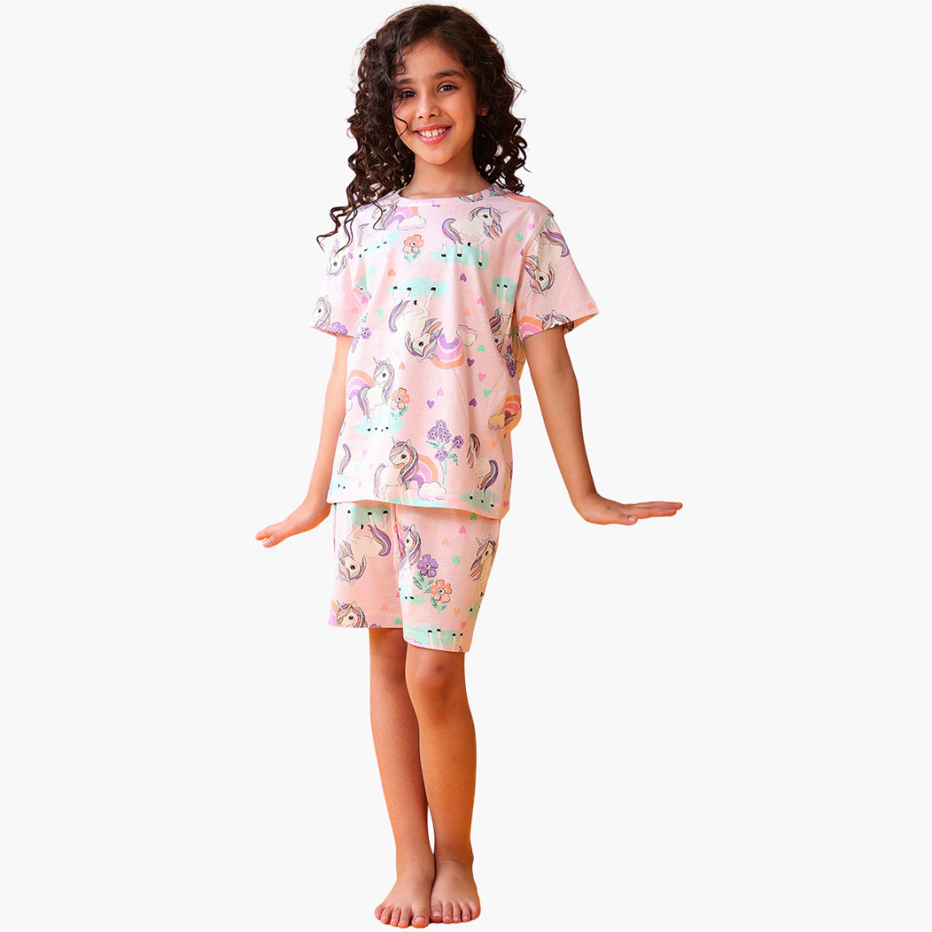 Anthrilo Girls Unicorn Print Cotton T-Shirt and Shorts Set-girls-clothing-setsandcoords-image-2