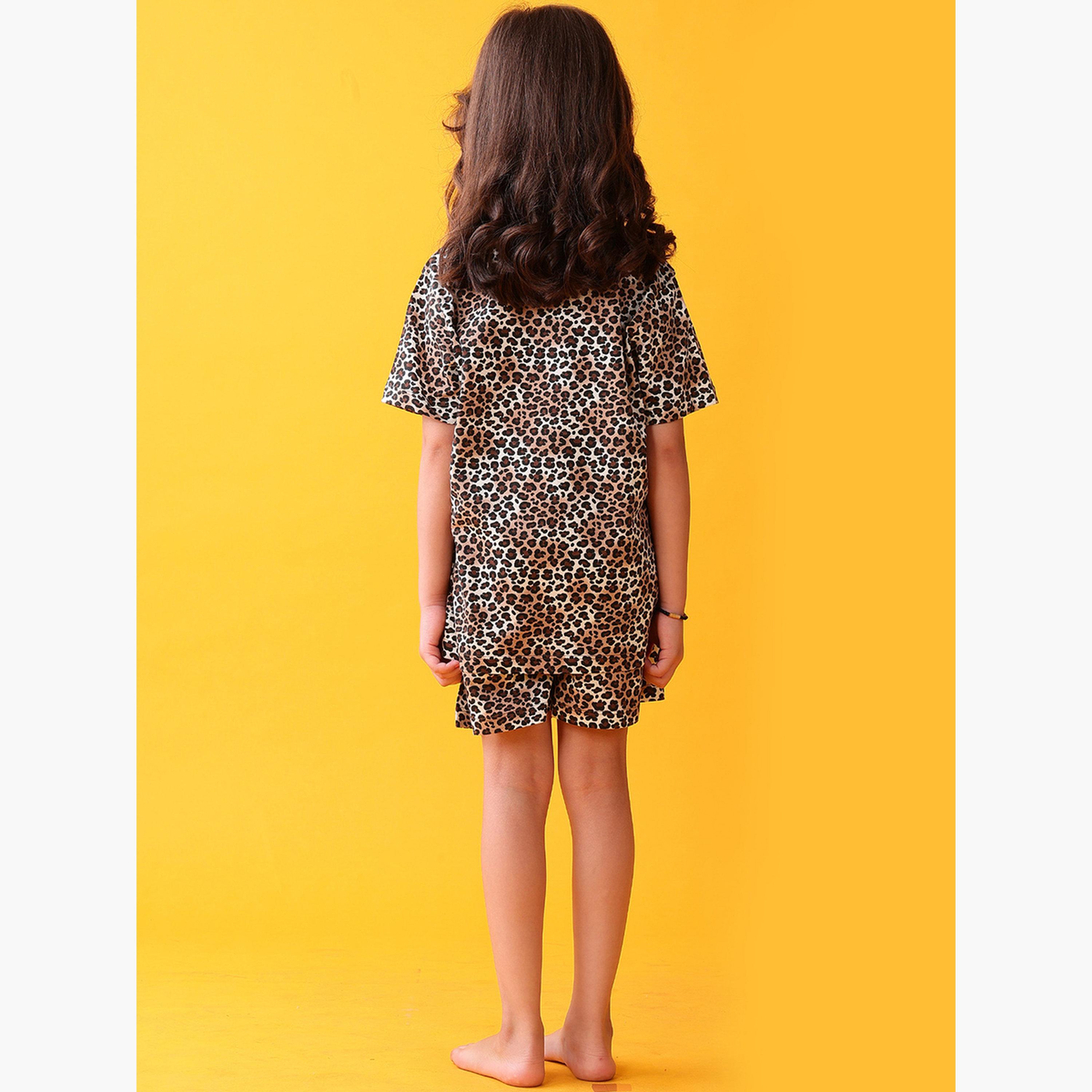أنثريلو - تي شيرت وشورت للبنات قطني بطبعة جلد النمر-girls-clothing-setsandcoords-image-2