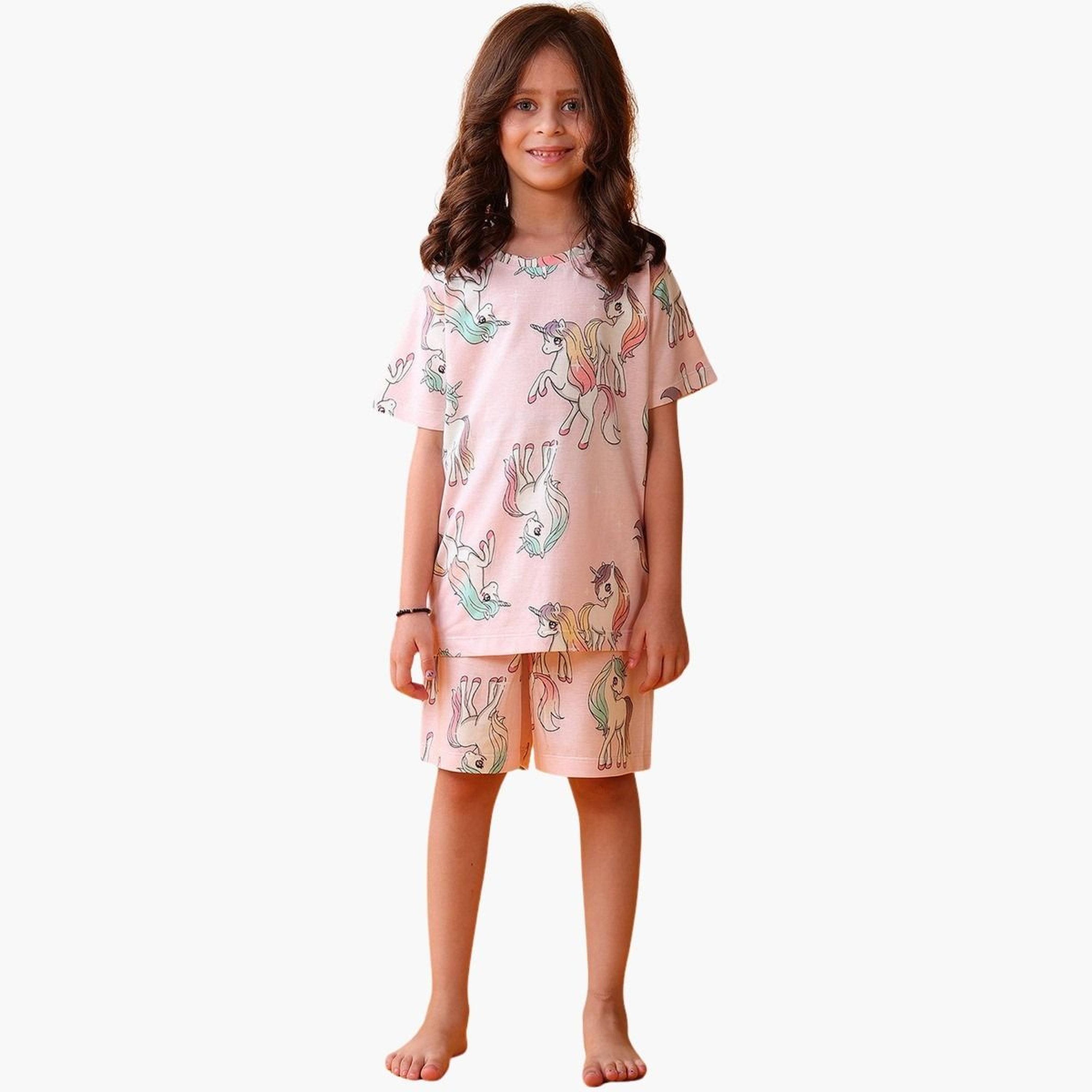 Anthrilo Pink Unicorn Cotton T-Shirt and Shorts Set-girls-clothing-setsandcoords-image-1