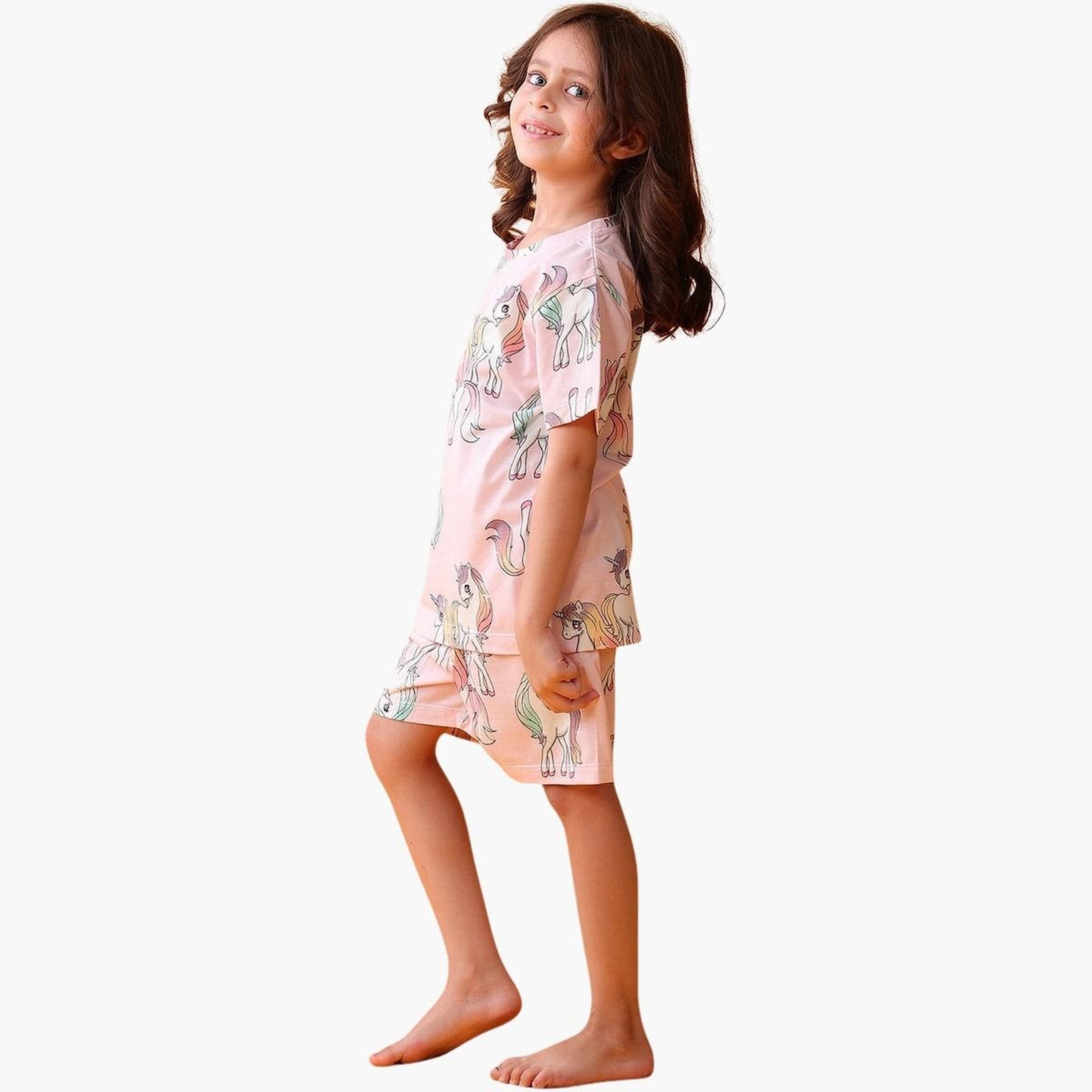 Anthrilo Pink Unicorn Cotton T-Shirt and Shorts Set-girls-clothing-setsandcoords-image-2