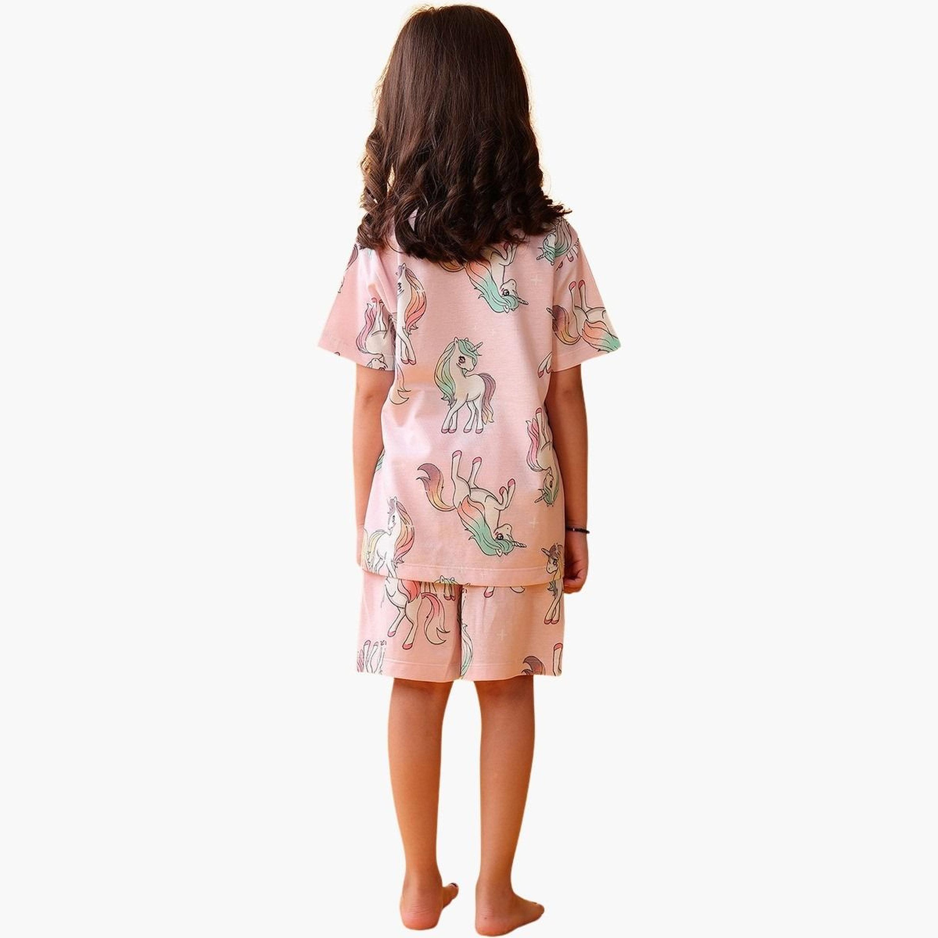 انثريلو - طقم تي شيرت وشورت قطني نقشة يونيكورن وردي-girls-clothing-setsandcoords-image-3