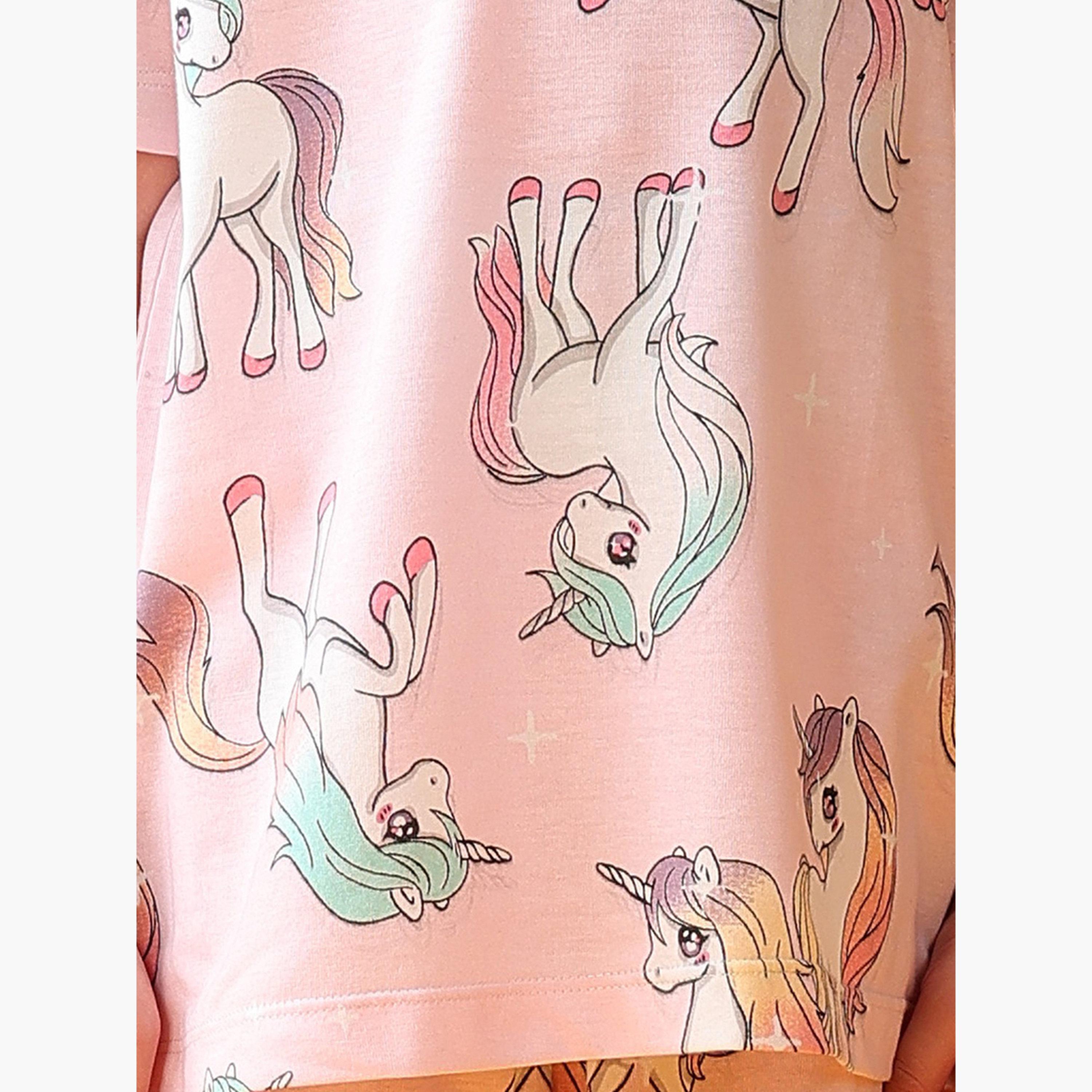 Anthrilo Pink Unicorn Cotton T-Shirt and Shorts Set-girls-clothing-setsandcoords-image-4