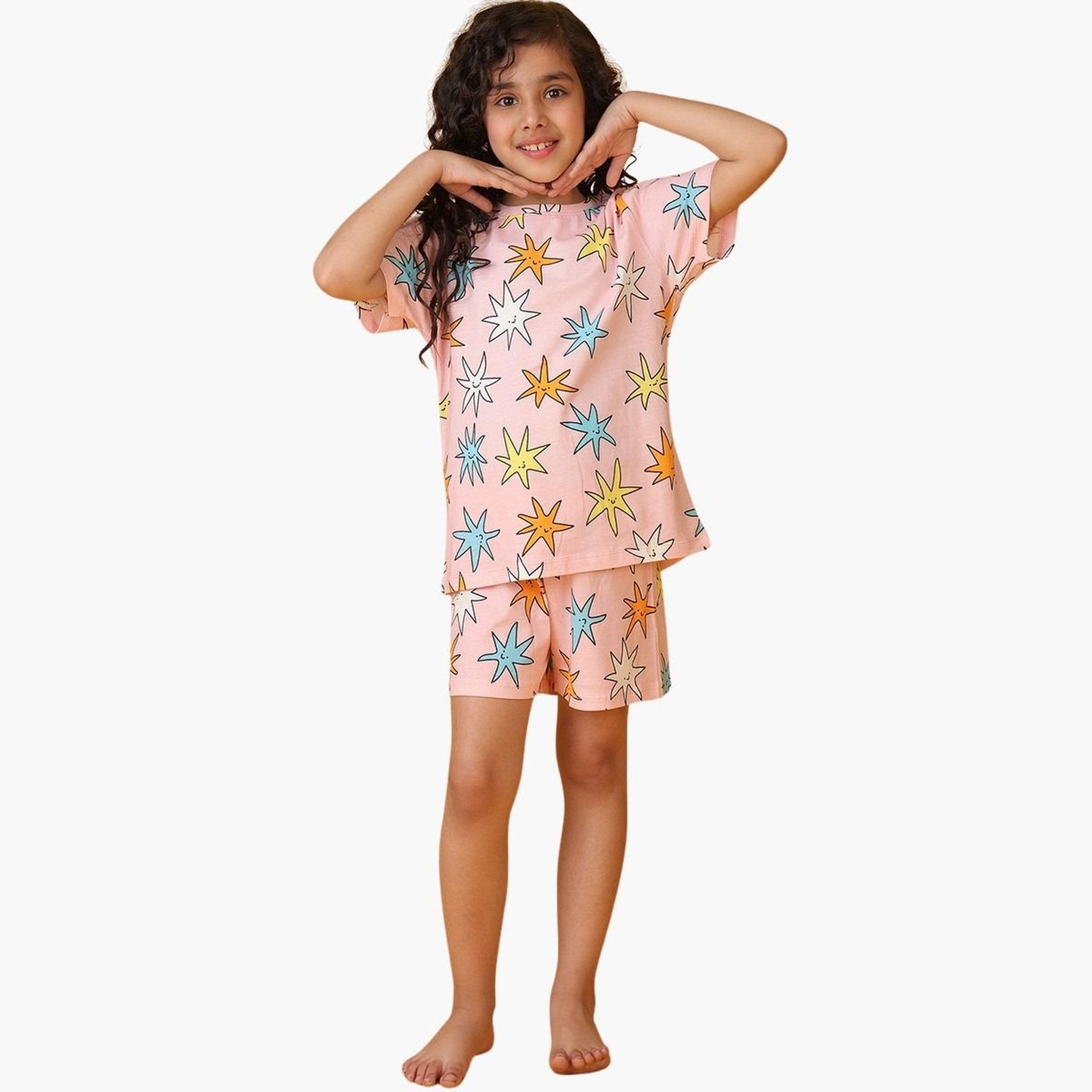 انثريلو - تي شيرت وشورت قطني نقشة نجمة وردية للبنات-girls-clothing-setsandcoords-image-1
