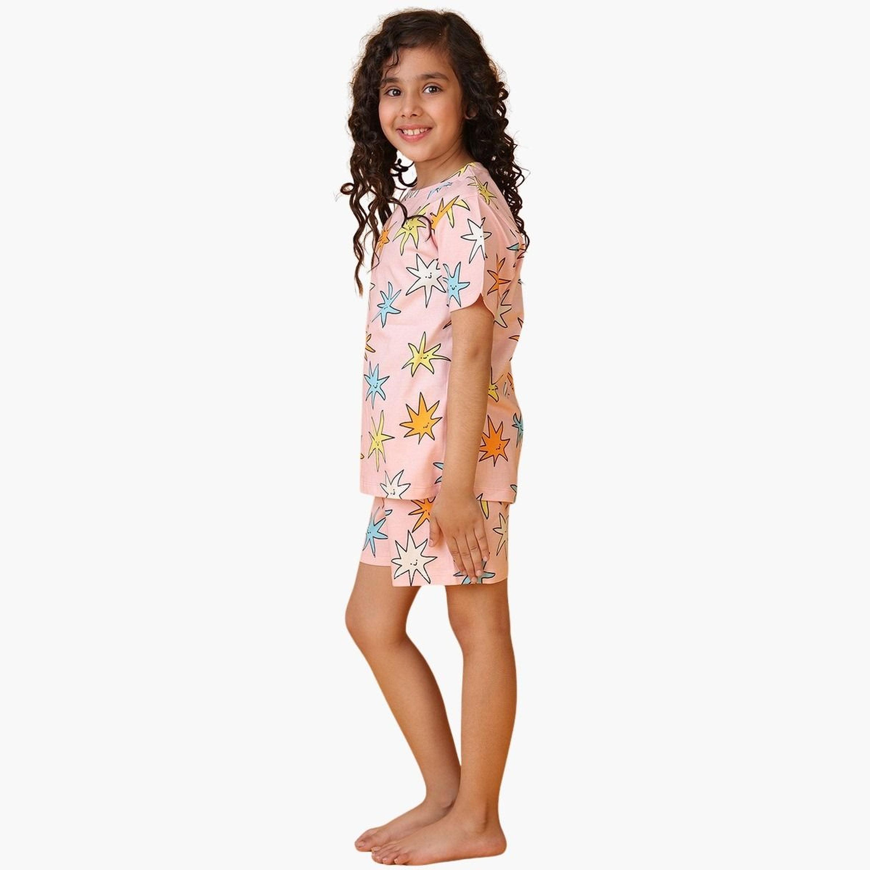 انثريلو - تي شيرت وشورت قطني نقشة نجمة وردية للبنات-girls-clothing-setsandcoords-image-2