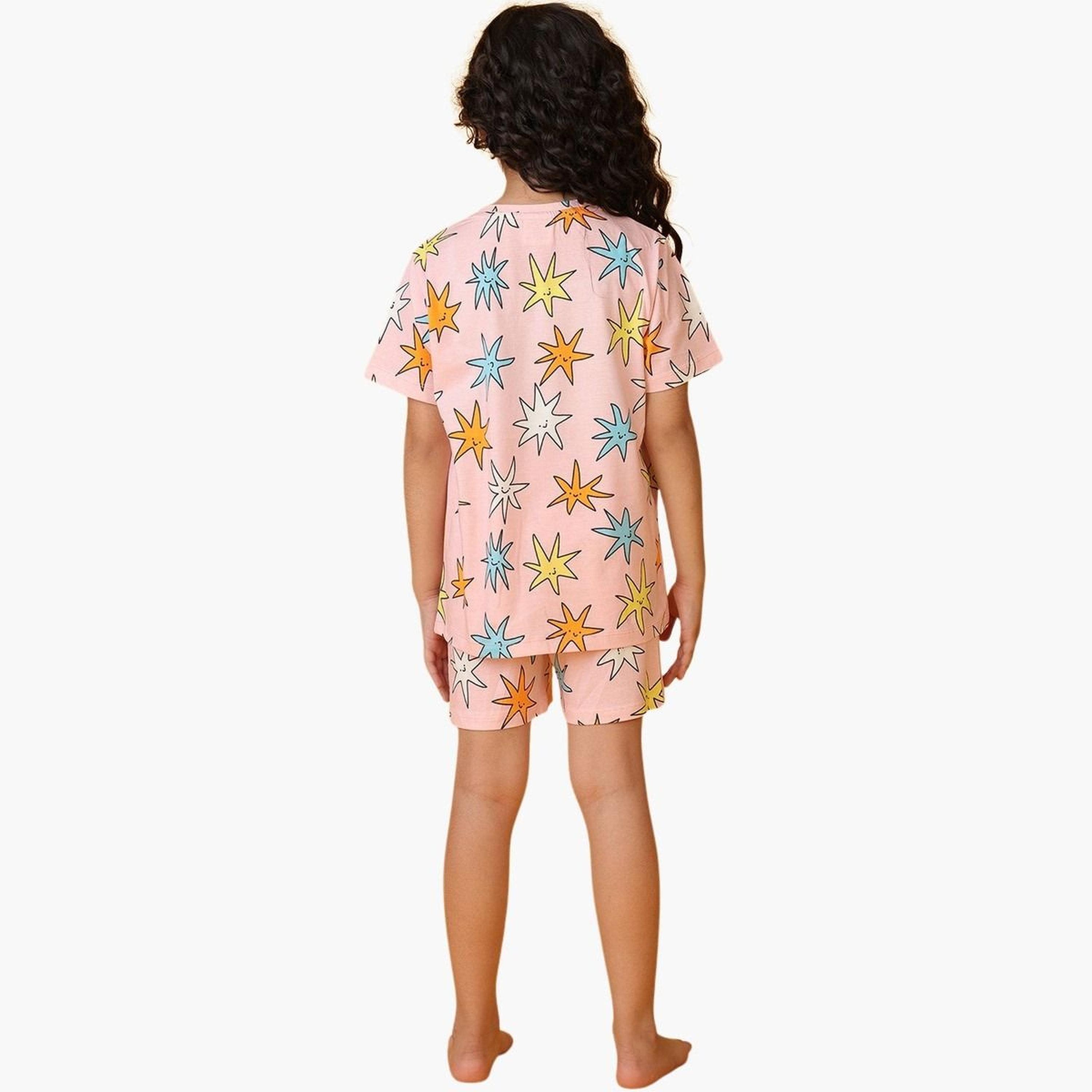 انثريلو - تي شيرت وشورت قطني نقشة نجمة وردية للبنات-girls-clothing-setsandcoords-image-3