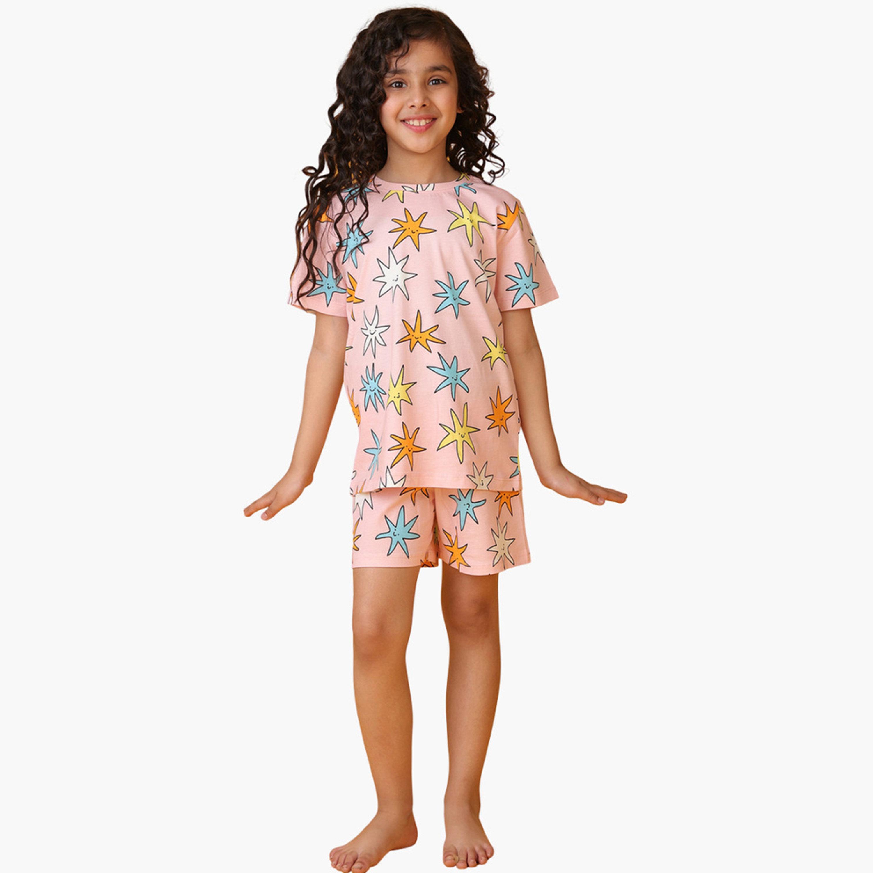 Anthrilo Girls Pink Star Print Cotton T-Shirt and Short Set-girls-clothing-setsandcoords-image-4