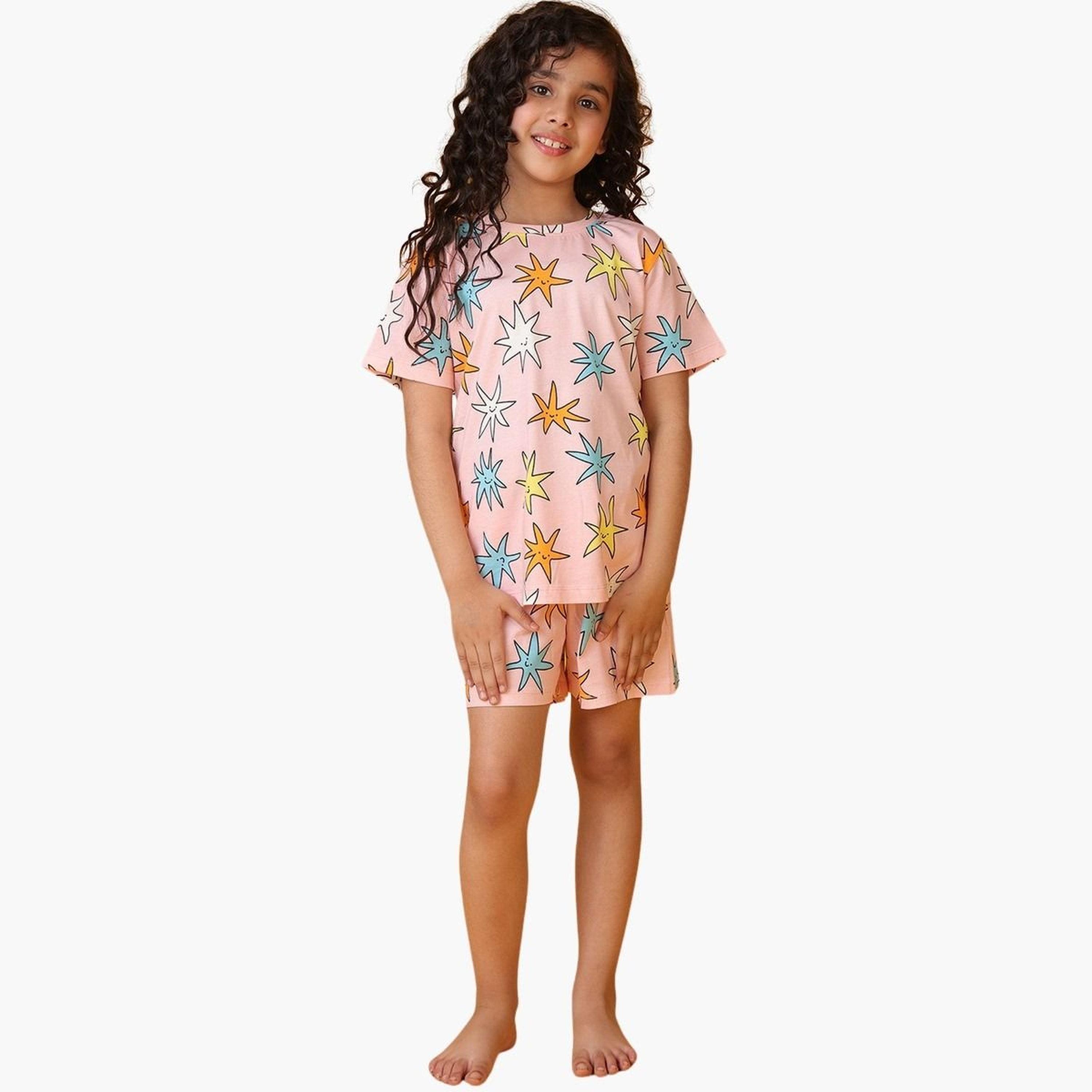 انثريلو - تي شيرت وشورت قطني نقشة نجمة وردية للبنات-girls-clothing-setsandcoords-image-5