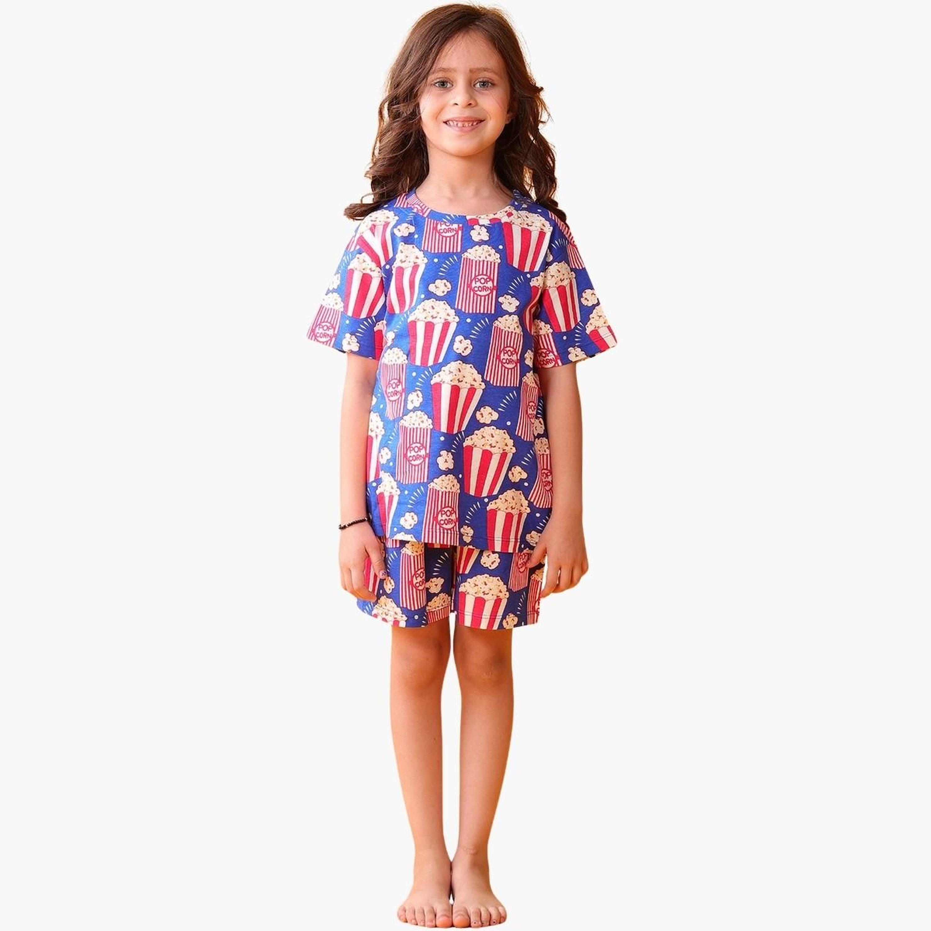 انثريلو - طقم تي شيرت وشورت قطني نقشة الفشار الأزرق للبنات-girls-clothing-setsandcoords-image-1