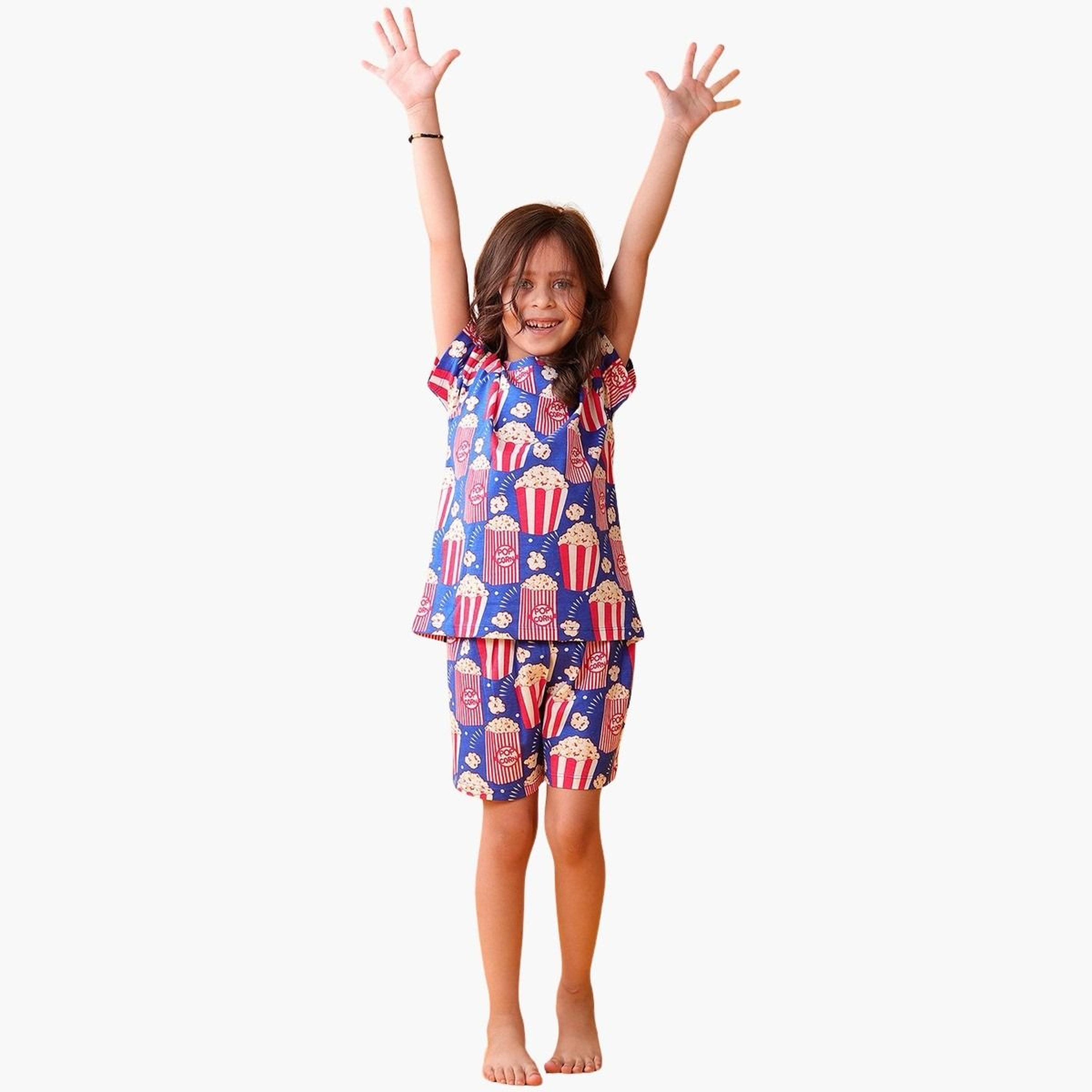 Anthrilo Girl Blue Popcorn Print Cotton T-Shirt and Shorts Set-girls-clothing-setsandcoords-image-2