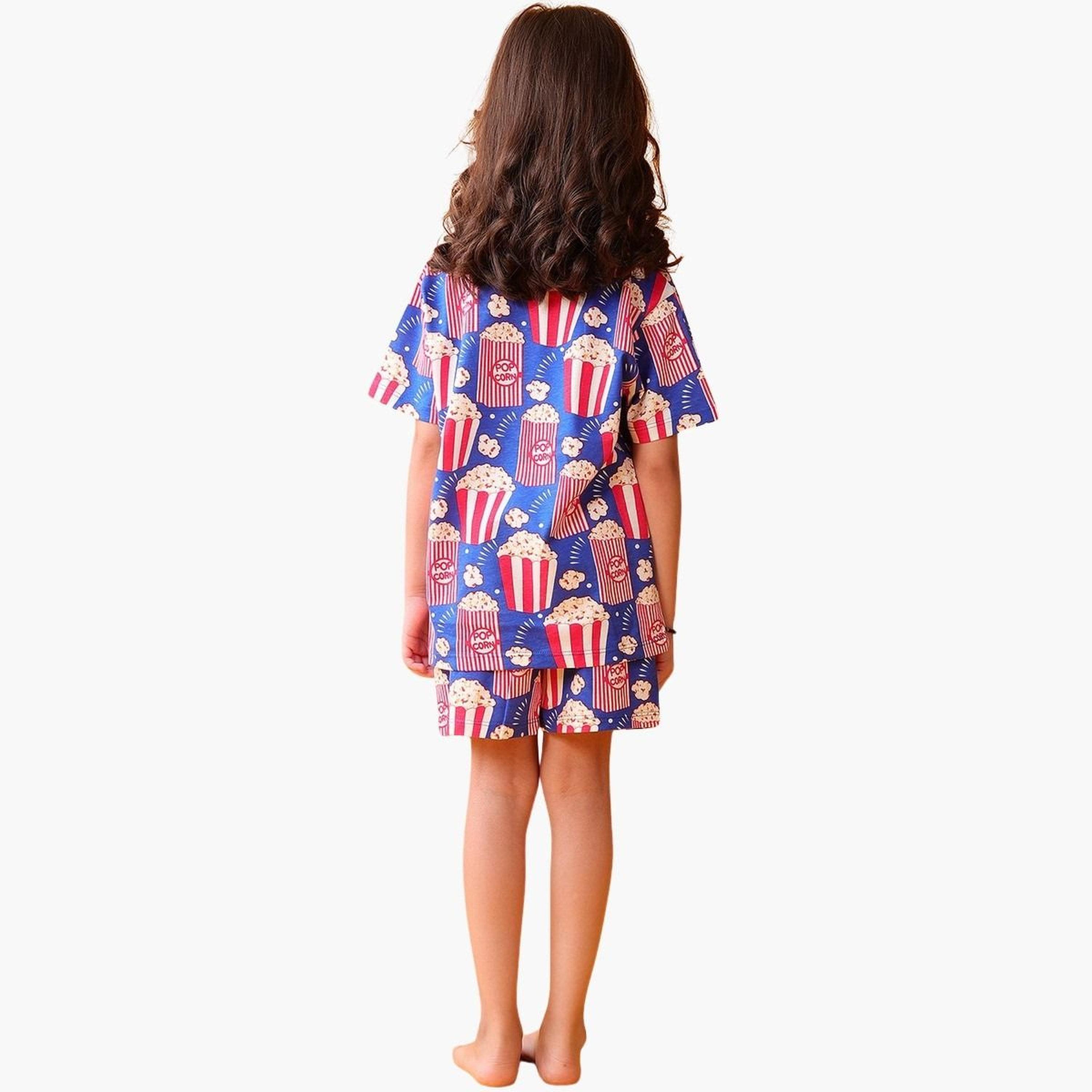 انثريلو - طقم تي شيرت وشورت قطني نقشة الفشار الأزرق للبنات-girls-clothing-setsandcoords-image-3