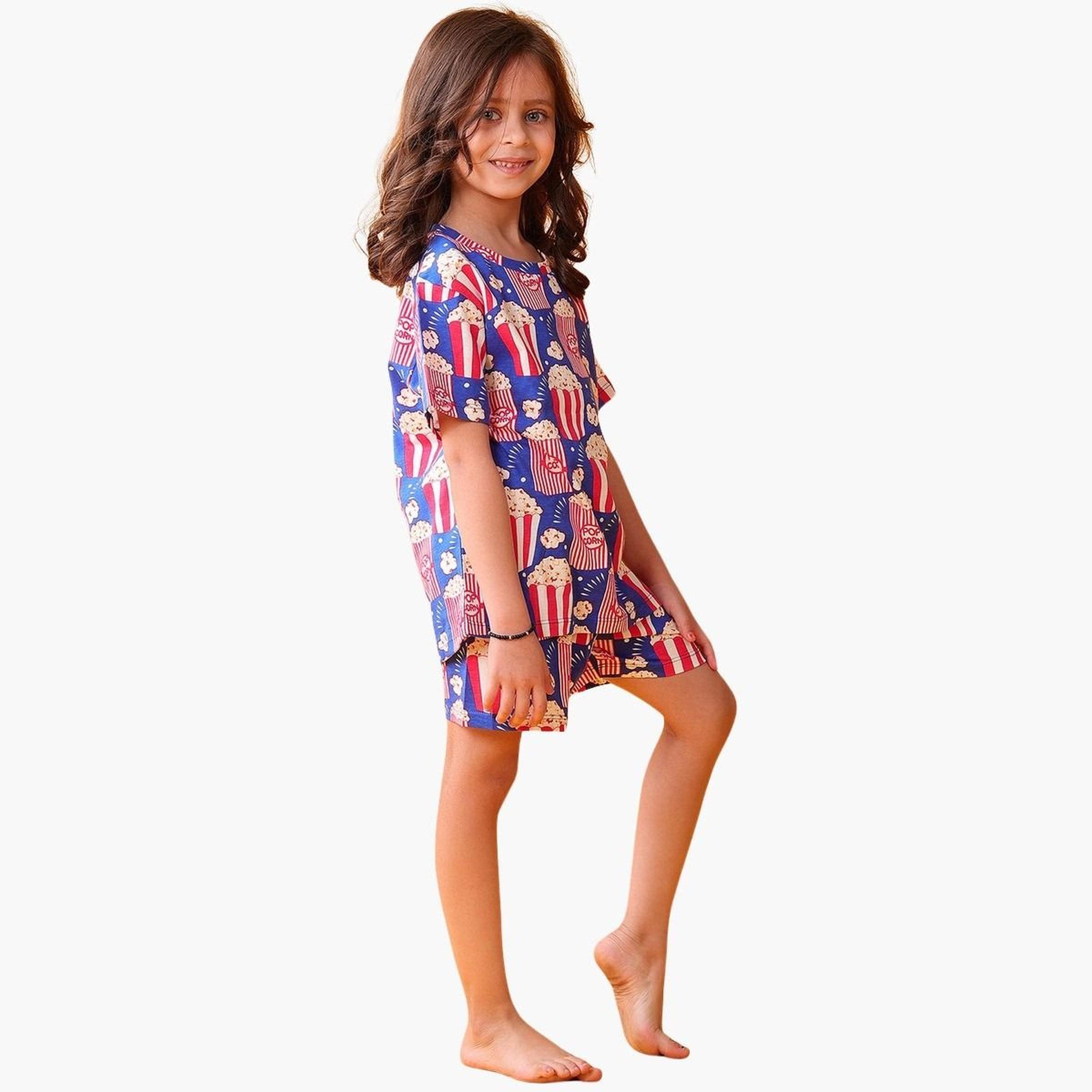 Anthrilo Girl Blue Popcorn Print Cotton T-Shirt and Shorts Set-girls-clothing-setsandcoords-image-4