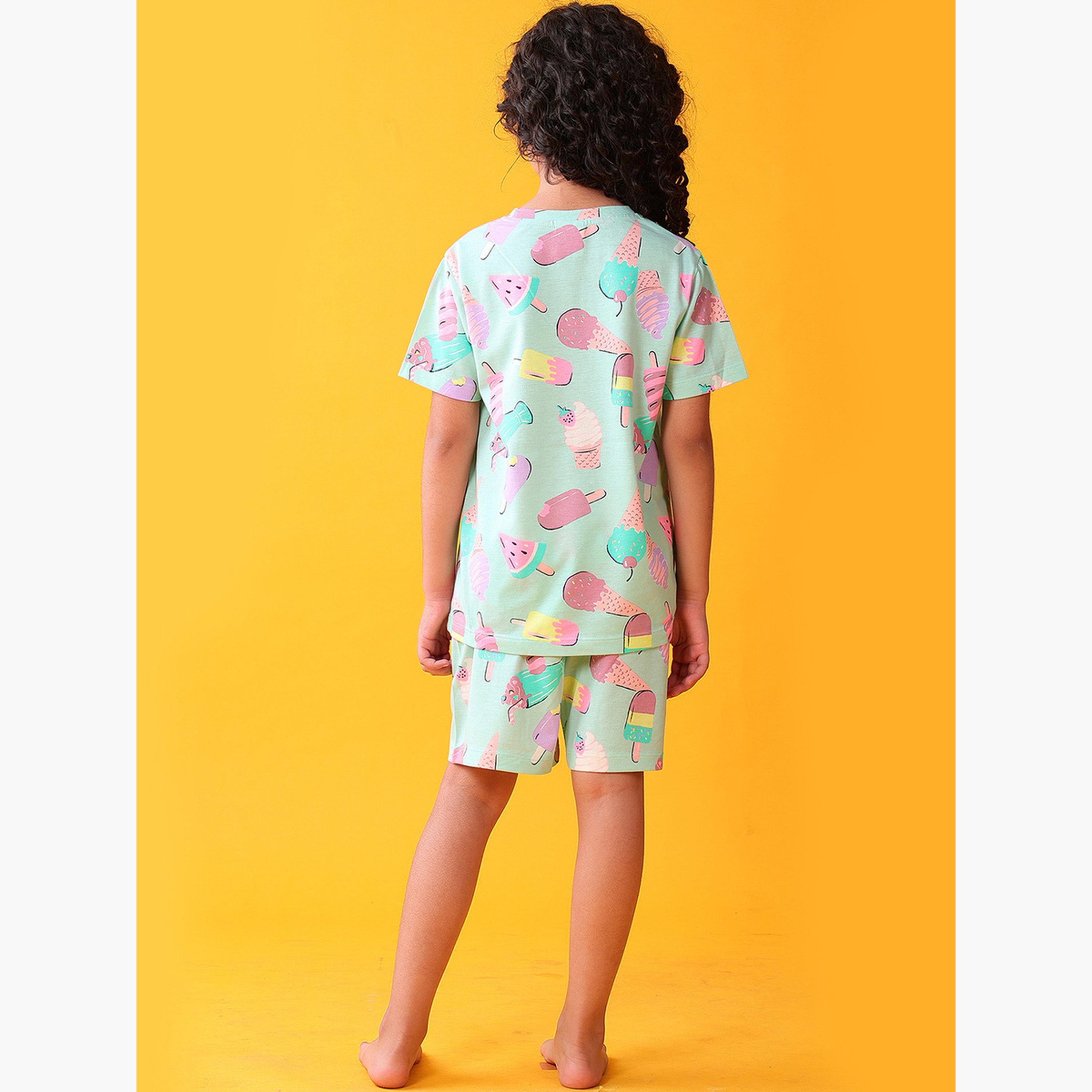 Anthrilo Girls Ice Cream Print Cotton T-Shirt and Shorts Set-girls-clothing-setsandcoords-image-2