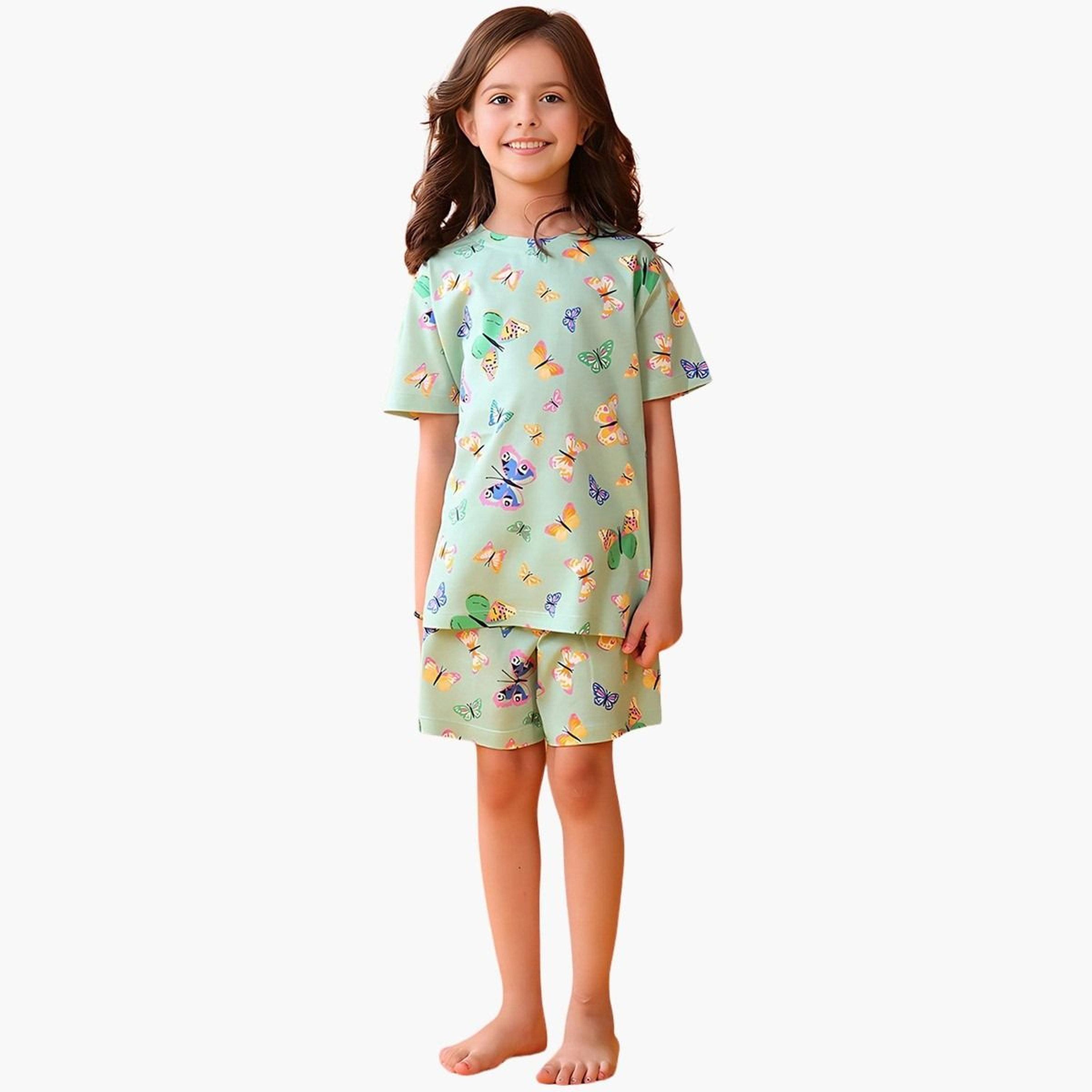 Anthrilo Girls Green Butterfly Cotton T-Shirt and Shorts Set-girls-clothing-setsandcoords-image-1