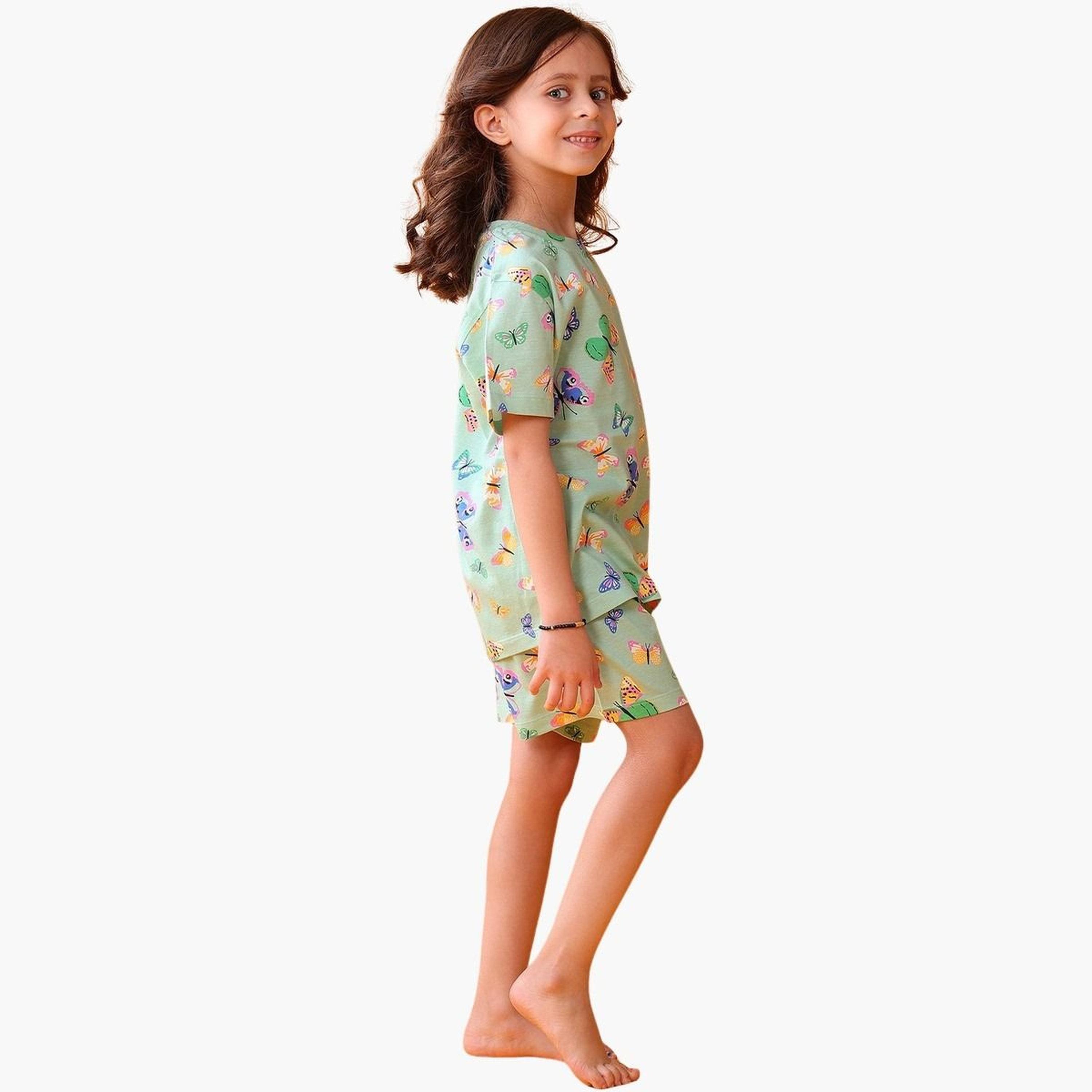 انثريلو - طقم تي شيرت وشورت قطني نقشة فراشة خضراء للبنات-girls-clothing-setsandcoords-image-2