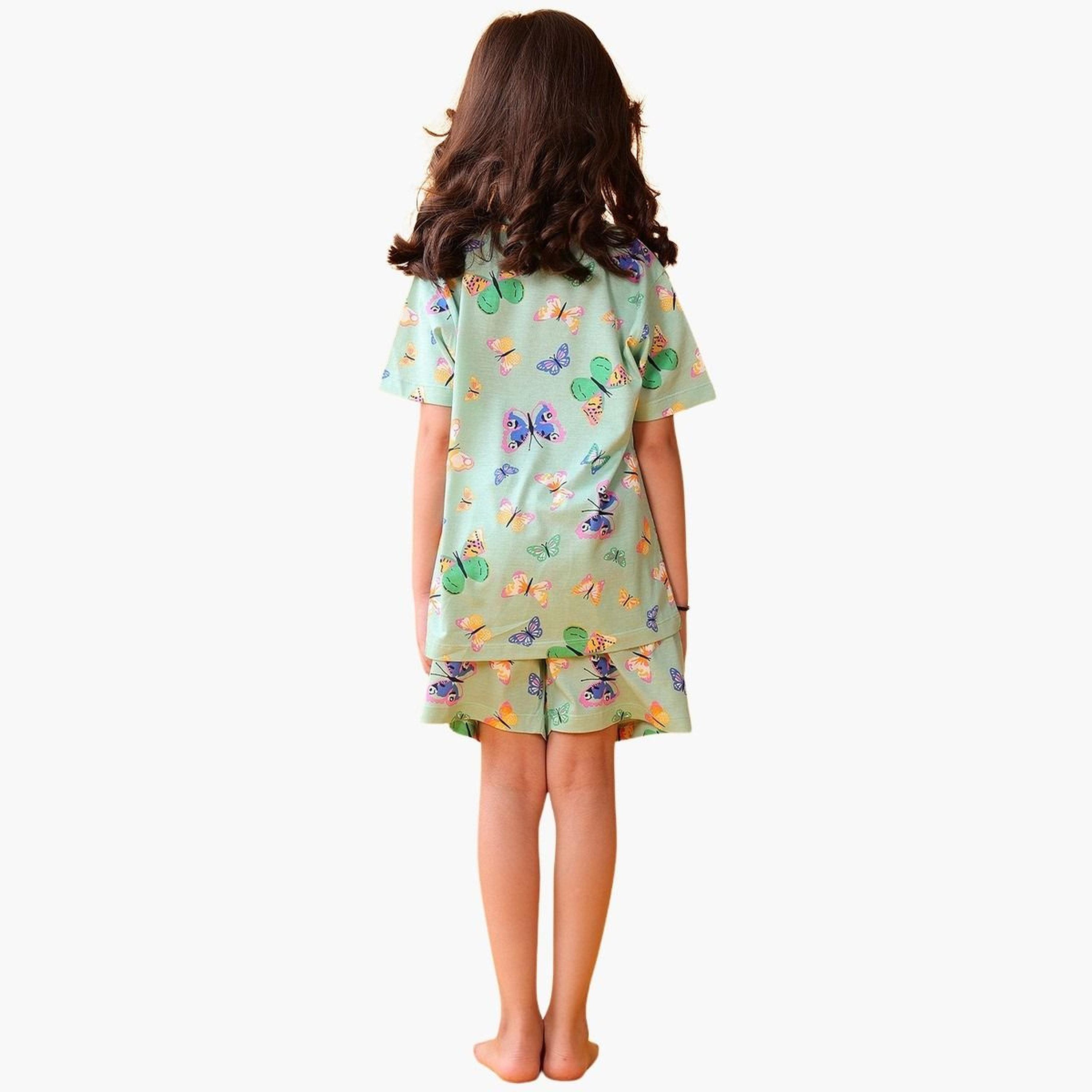 انثريلو - طقم تي شيرت وشورت قطني نقشة فراشة خضراء للبنات-girls-clothing-setsandcoords-image-3