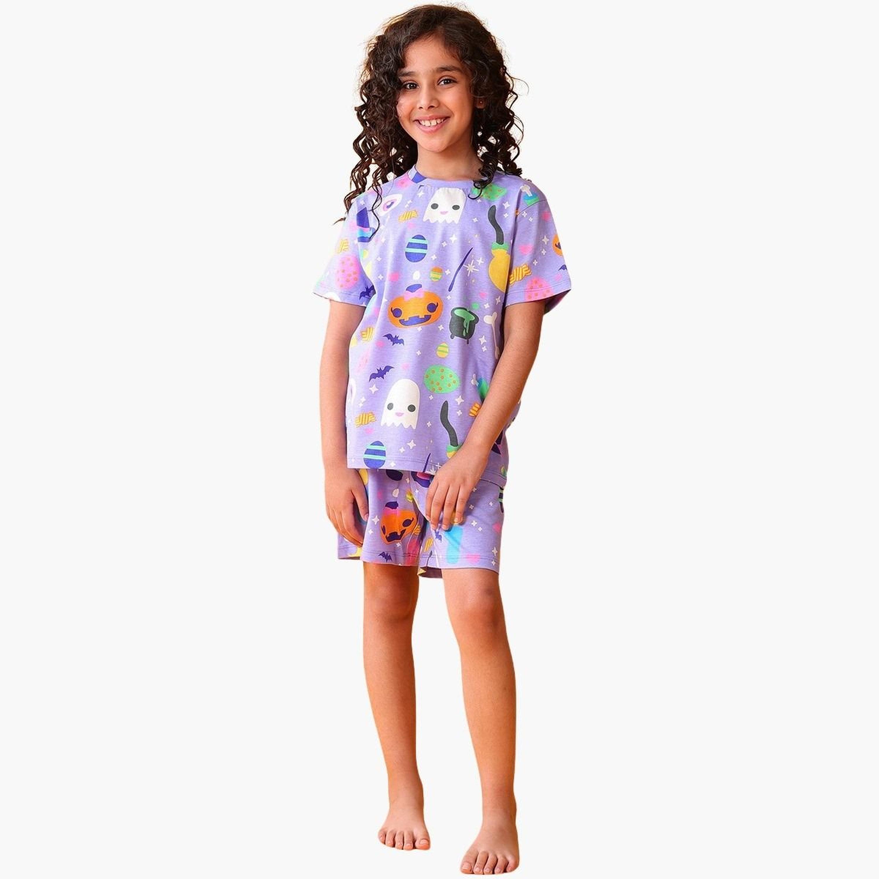 انثريلو - طقم تي شيرت وشورت مطبوع عليه صورة الهالوين باللون الأرجواني للأطفال-girls-clothing-setsandcoords-image-1