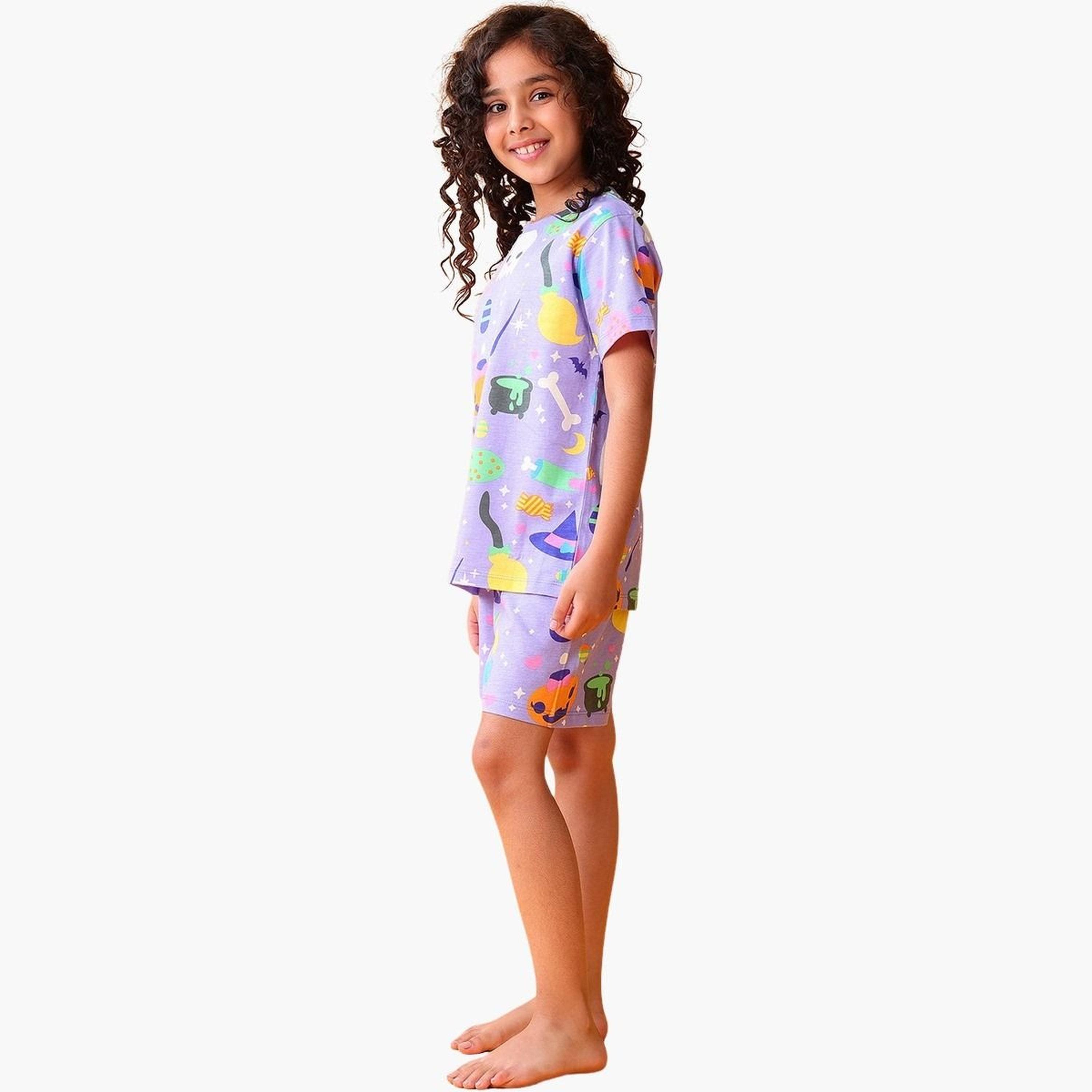 Anthrilo Kids Purple Halloween Print T-Shirt and Short Set-girls-clothing-setsandcoords-image-2