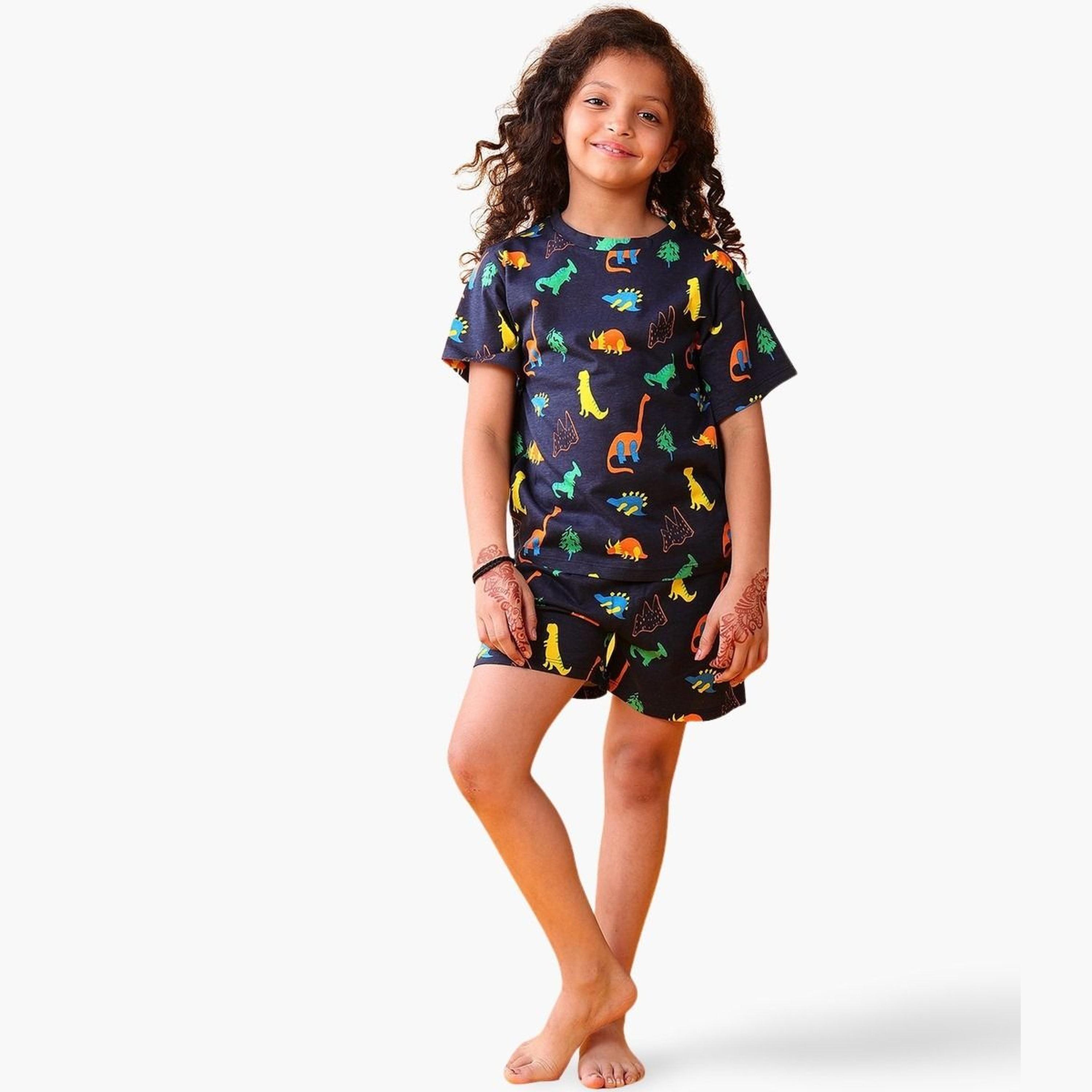 أنثريلو - تي شيرت وشورت للأطفال قطني بطبعة ديناصور-girls-clothing-setsandcoords-image-1