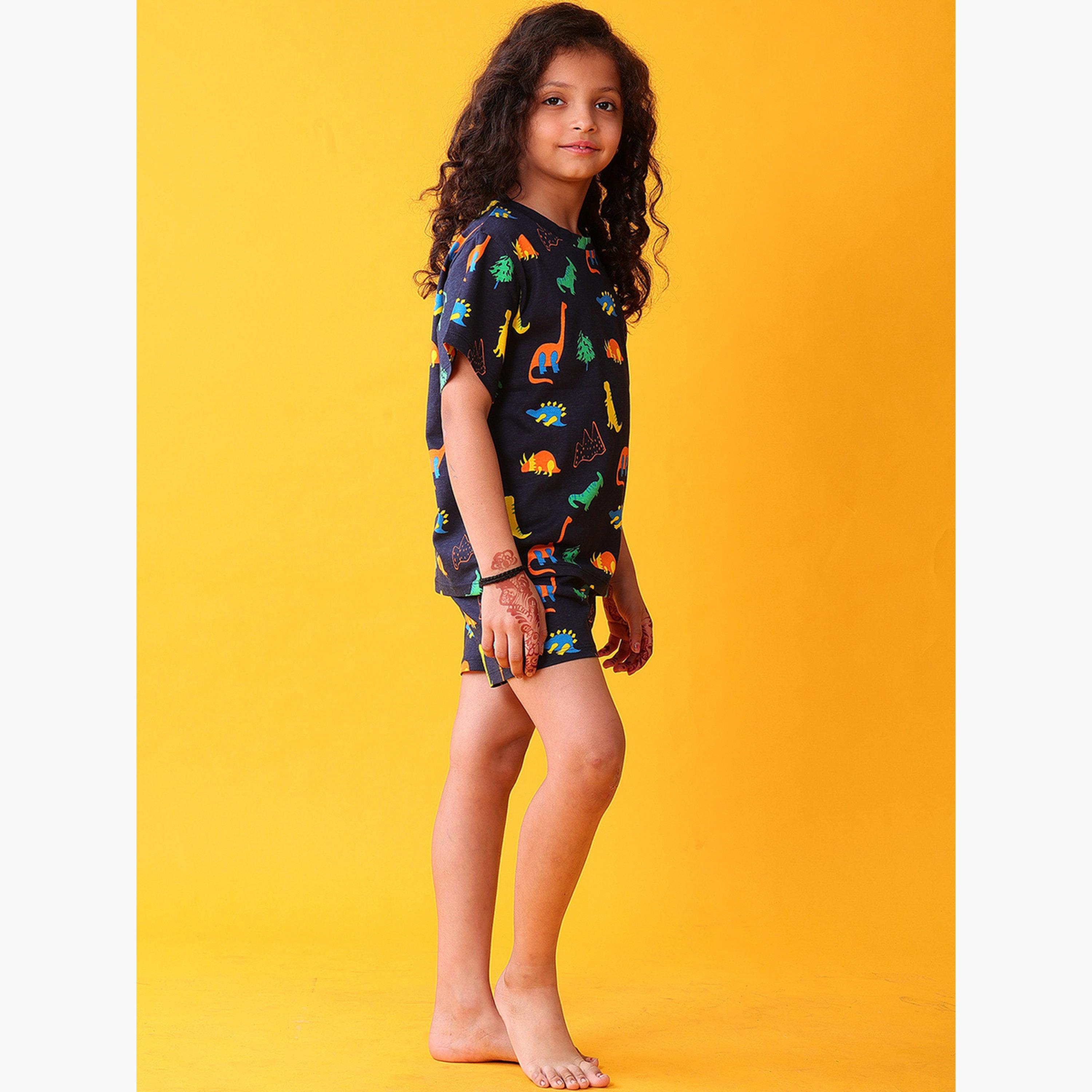 Anthrilo Kids Dinosaur Print Cotton T-Shirt and Shorts Set-girls-clothing-setsandcoords-image-3