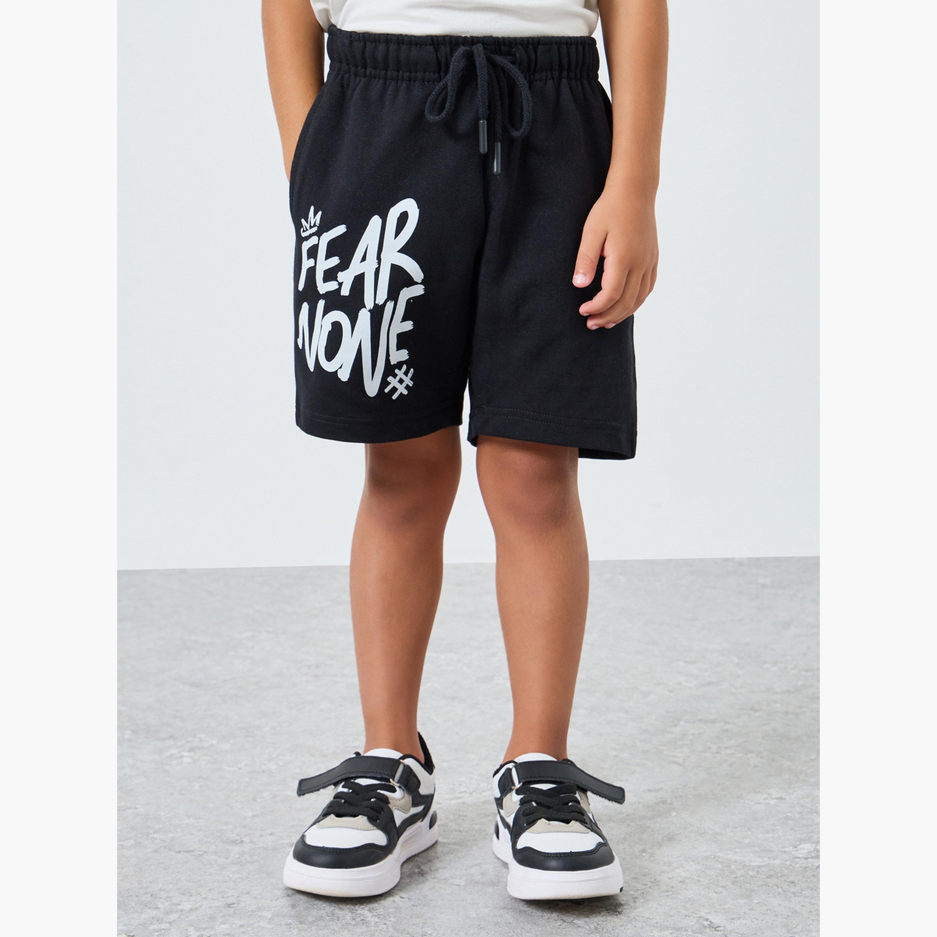 Styli Boys Black Slogan Print Cotton Shorts-boys-clothing-bottoms-shorts-image-1