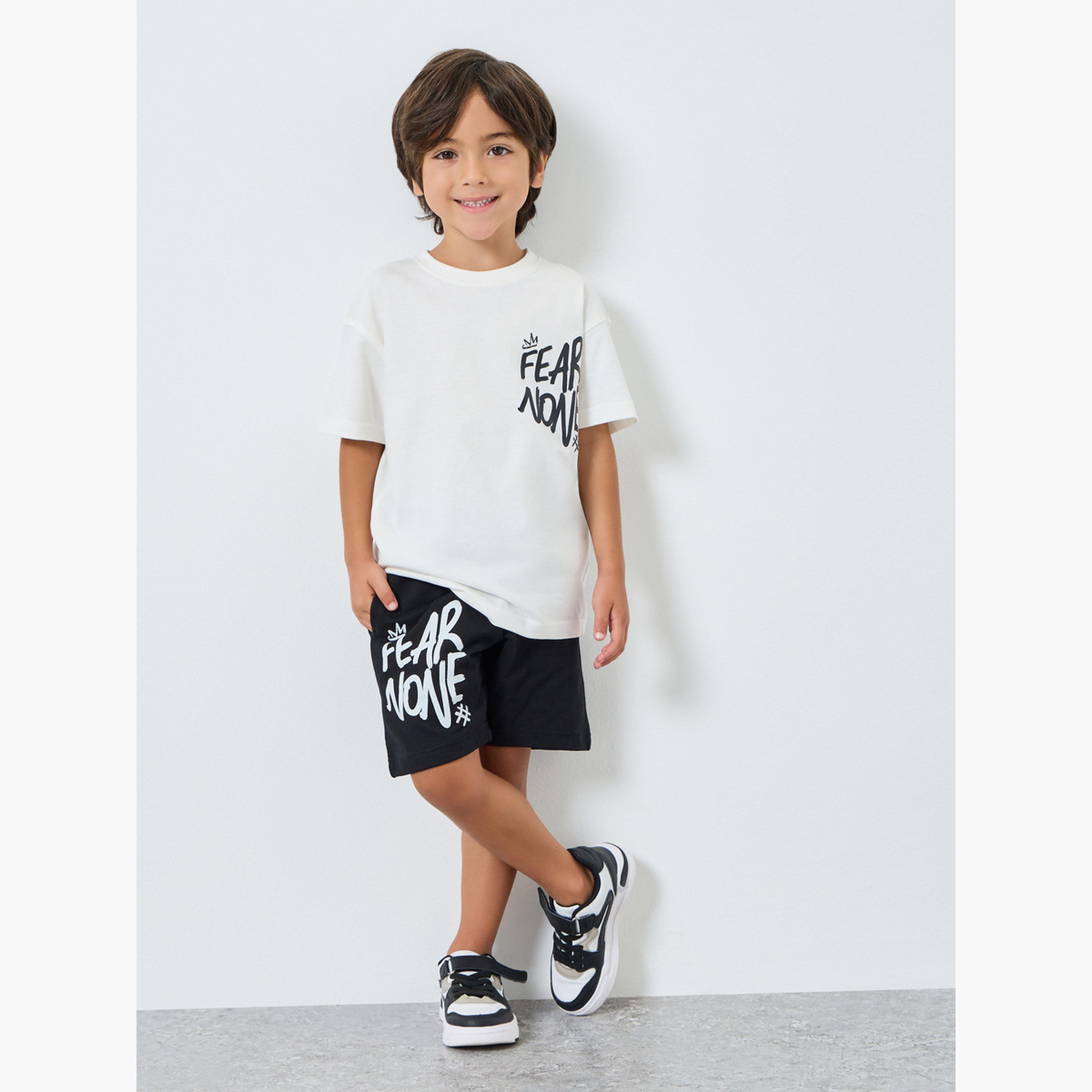 Styli Boys Black Slogan Print Cotton Shorts-boys-clothing-bottoms-shorts-image-2
