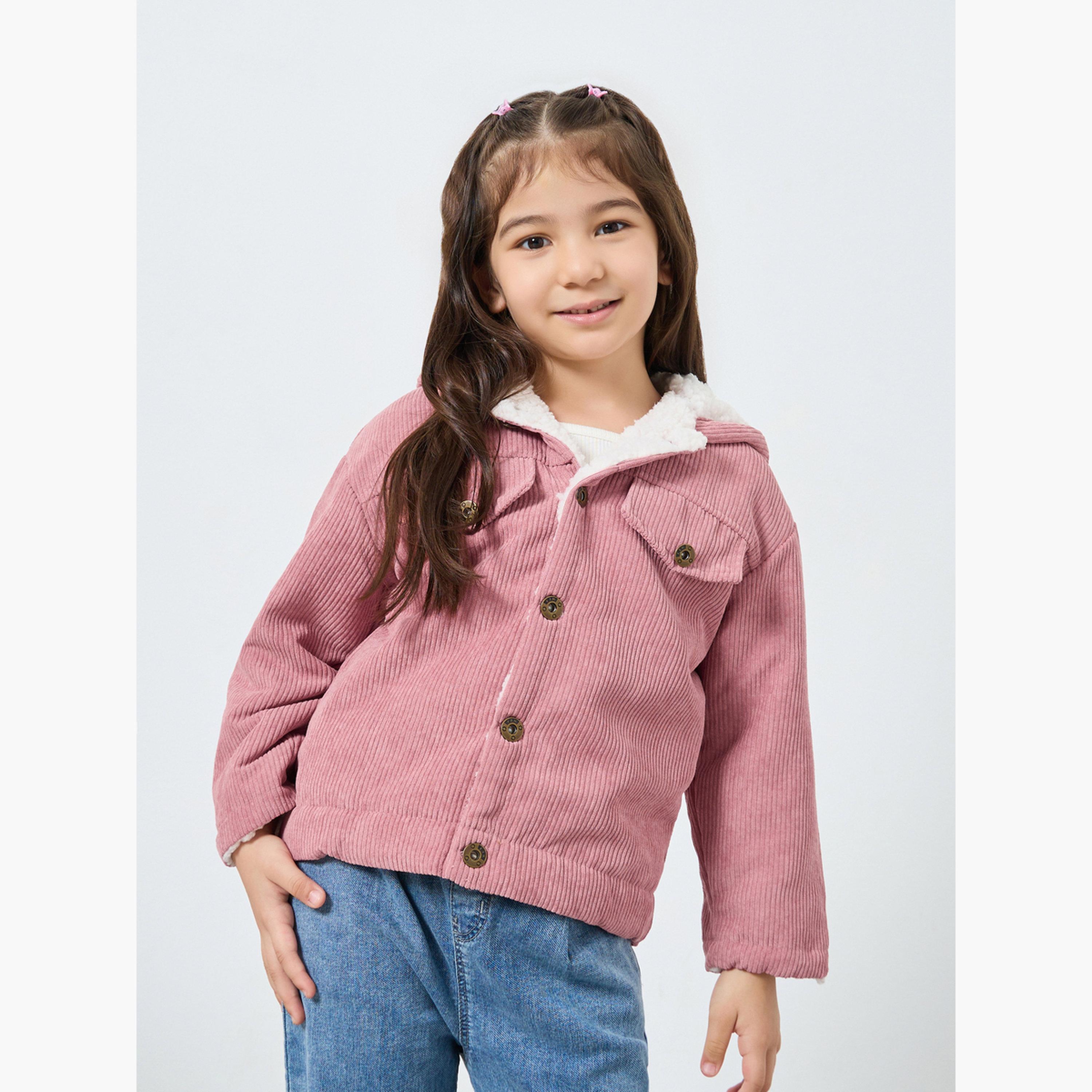 Styli Girls Corduroy Hooded Jacket with Fur Lining-girls-clothing-jacketsandcoats-image-1