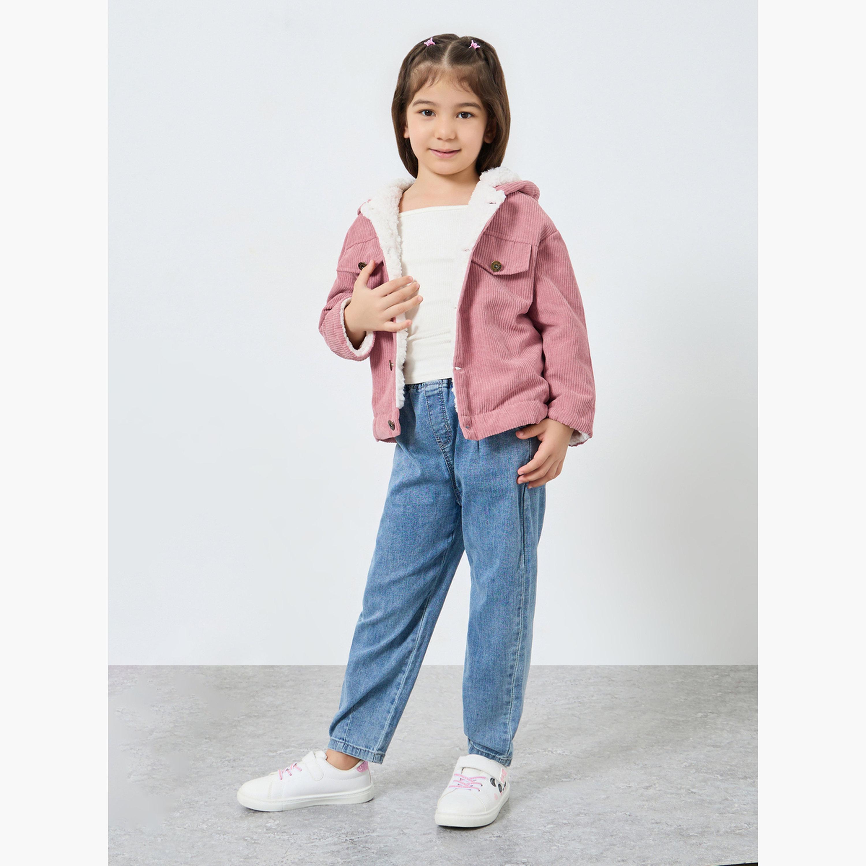 Styli Girls Corduroy Hooded Jacket with Fur Lining-girls-clothing-jacketsandcoats-image-2