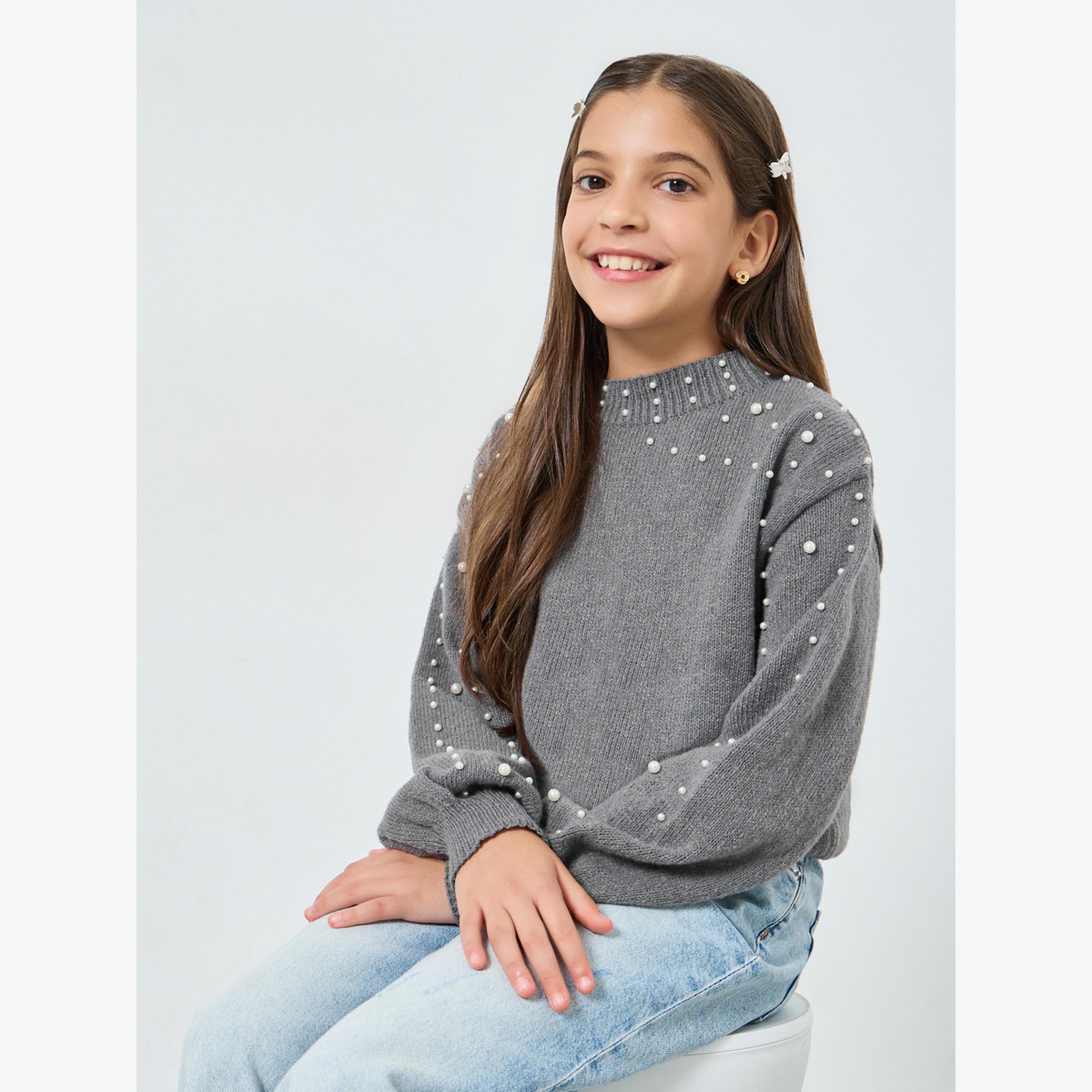 Styli Girls Grey Pearl Embellished Knit Sweater-girls-clothing-winterwear-jumpersandcardigans-image-1