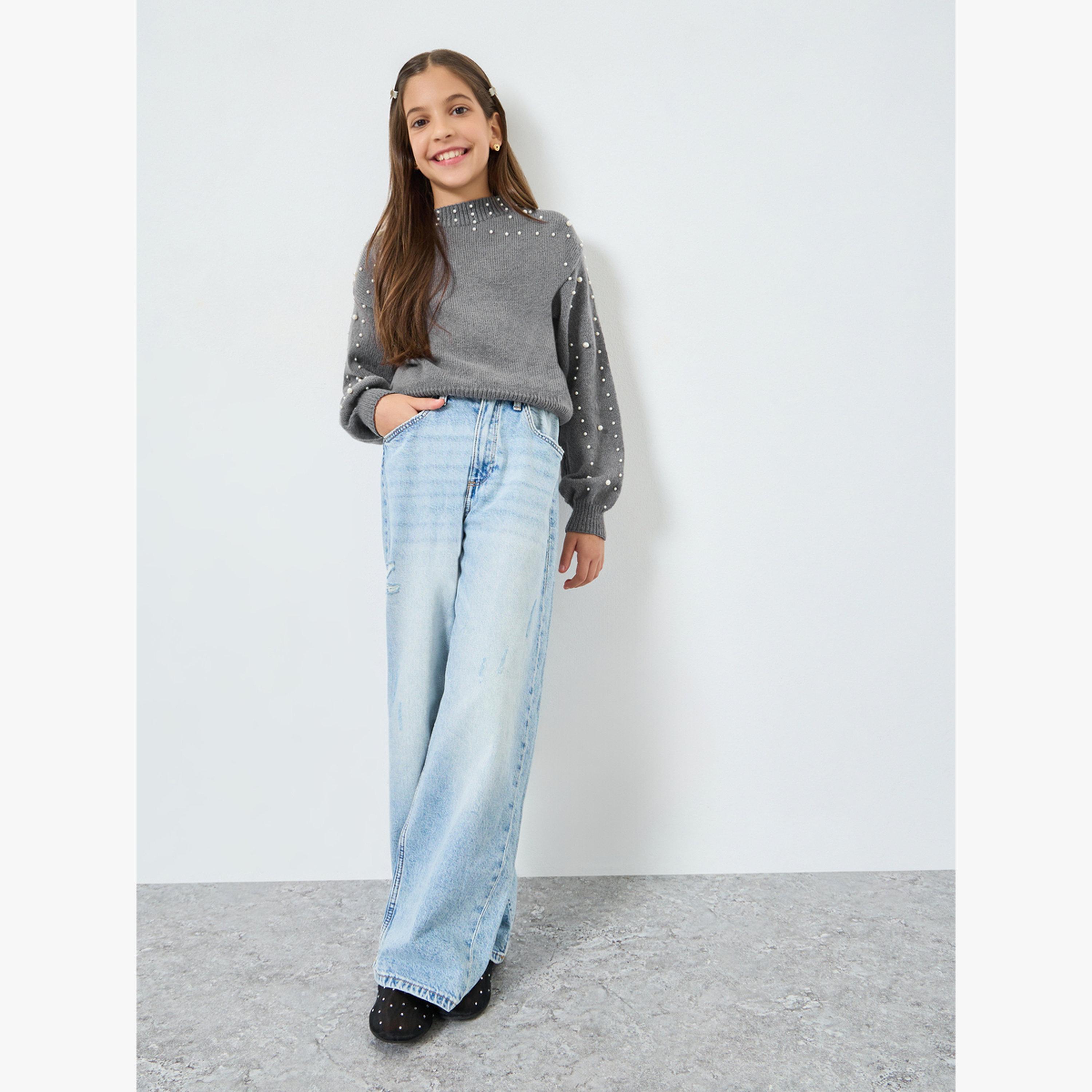 Styli Girls Grey Pearl Embellished Knit Sweater-girls-clothing-winterwear-jumpersandcardigans-image-2