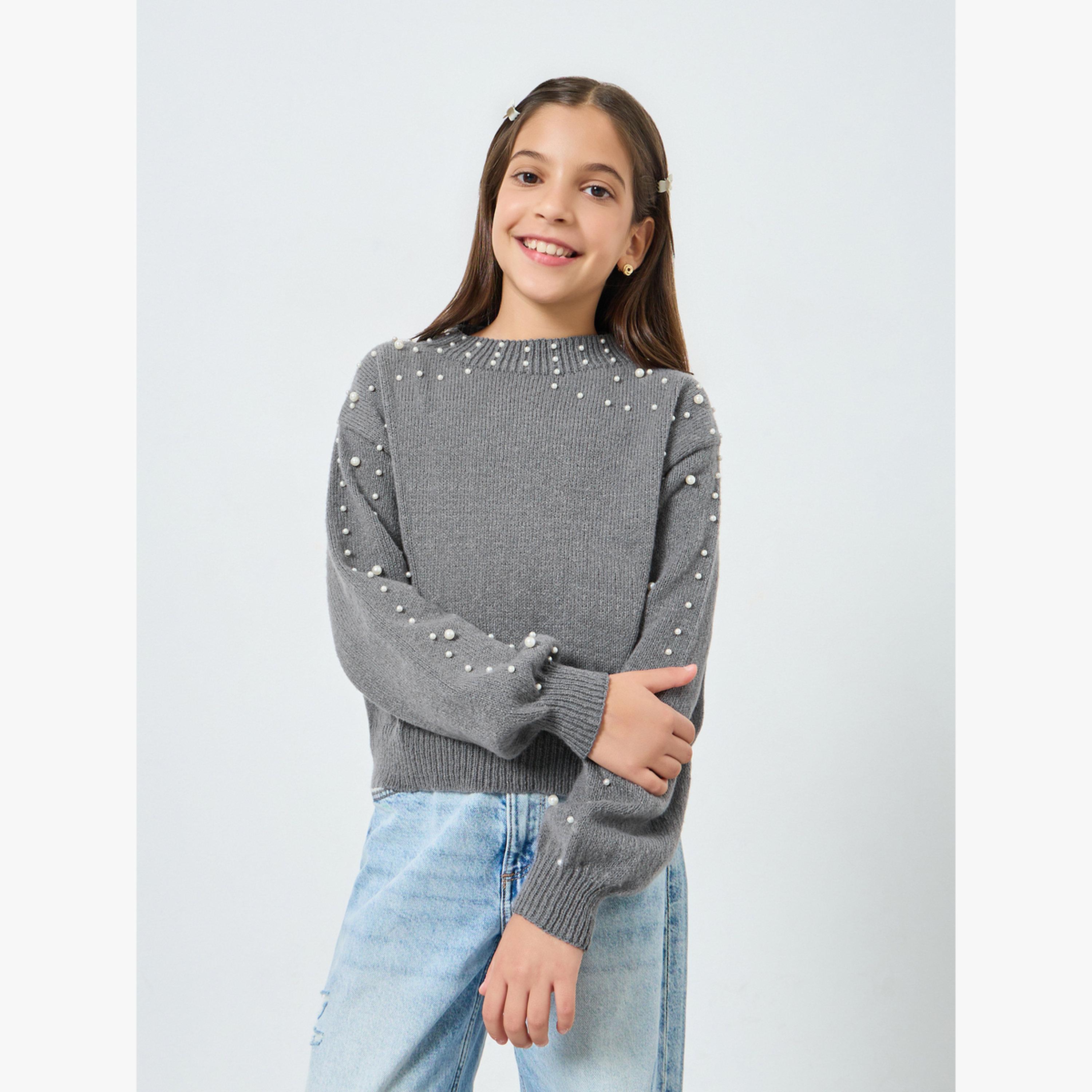 Styli Girls Grey Pearl Embellished Knit Sweater-girls-clothing-winterwear-jumpersandcardigans-image-3