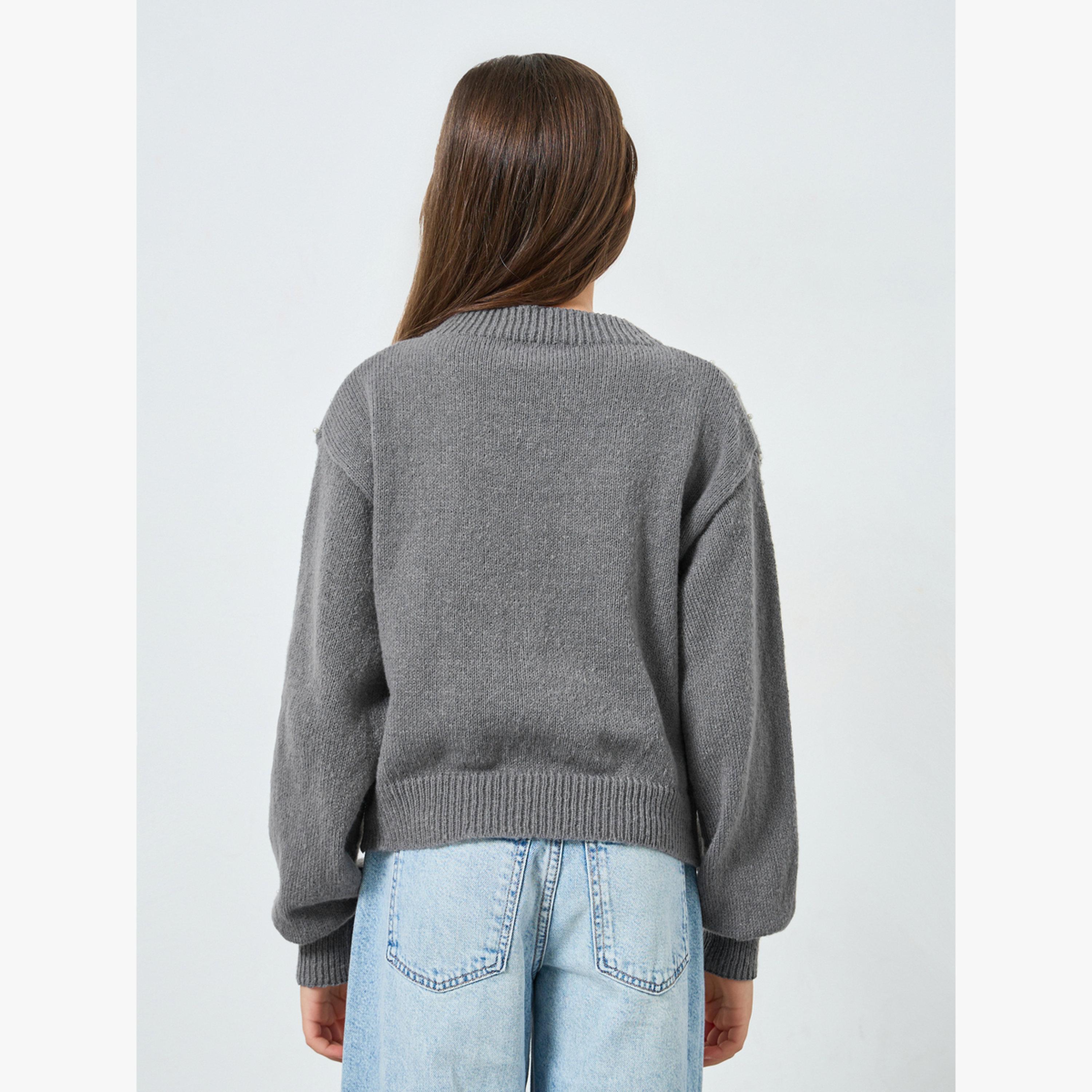 Styli Girls Grey Pearl Embellished Knit Sweater-girls-clothing-winterwear-jumpersandcardigans-image-5