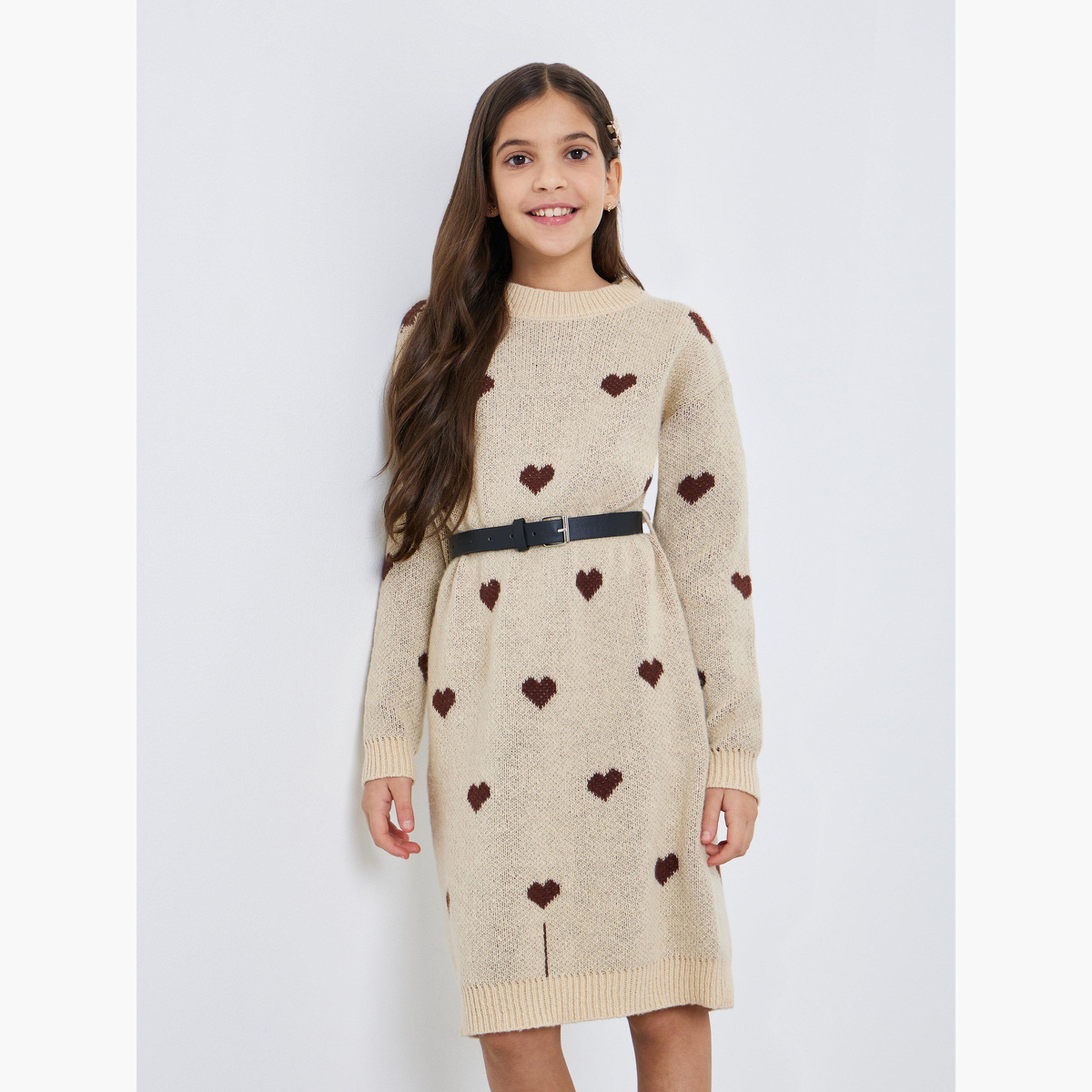 Styli Girls Beige Heart Knit Sweater Dress with Belt-girls-clothing-jumpersandcardigans-image-1