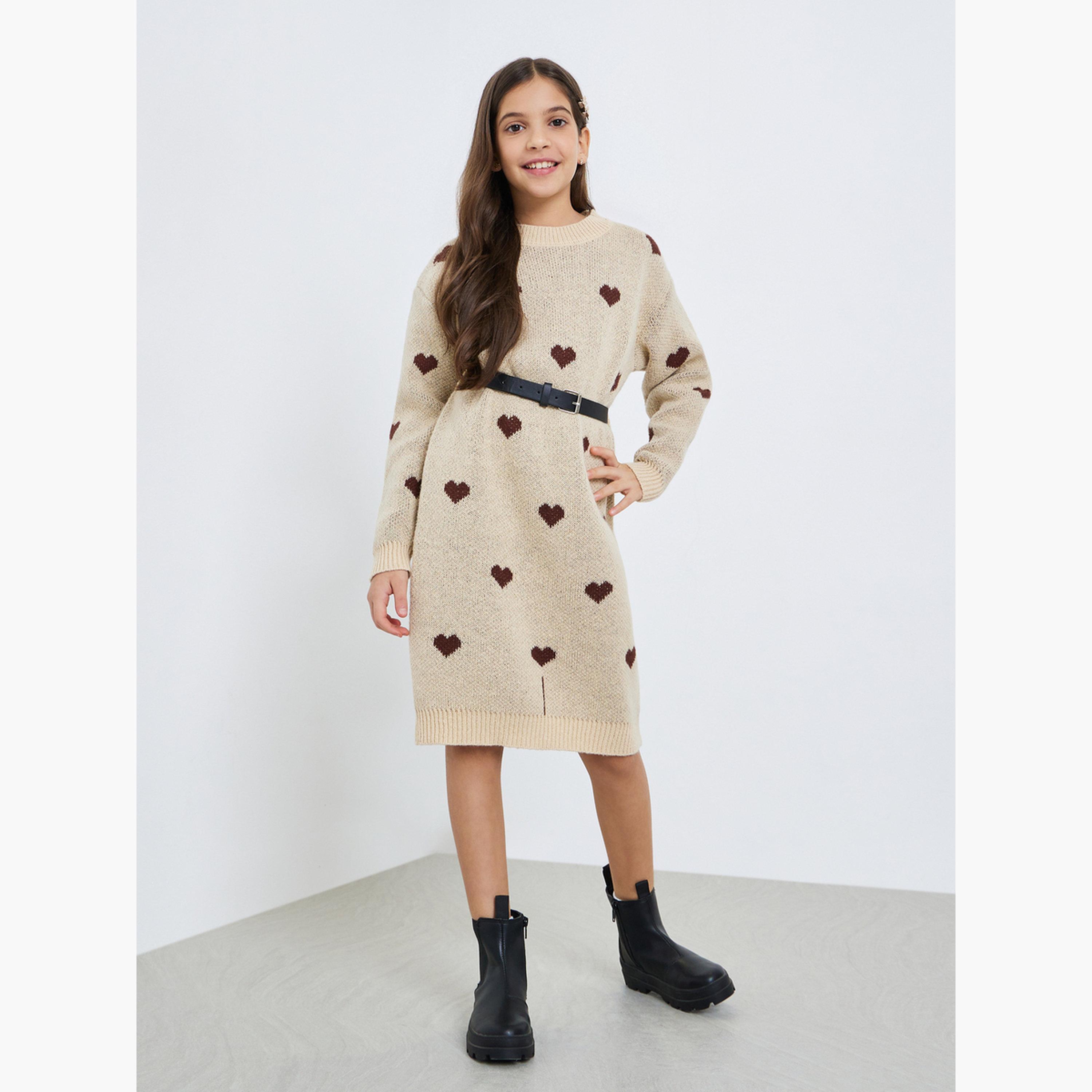 فستان سويتر محبوك بنمط قلب مع حزام-girls-clothing-jumpersandcardigans-image-2