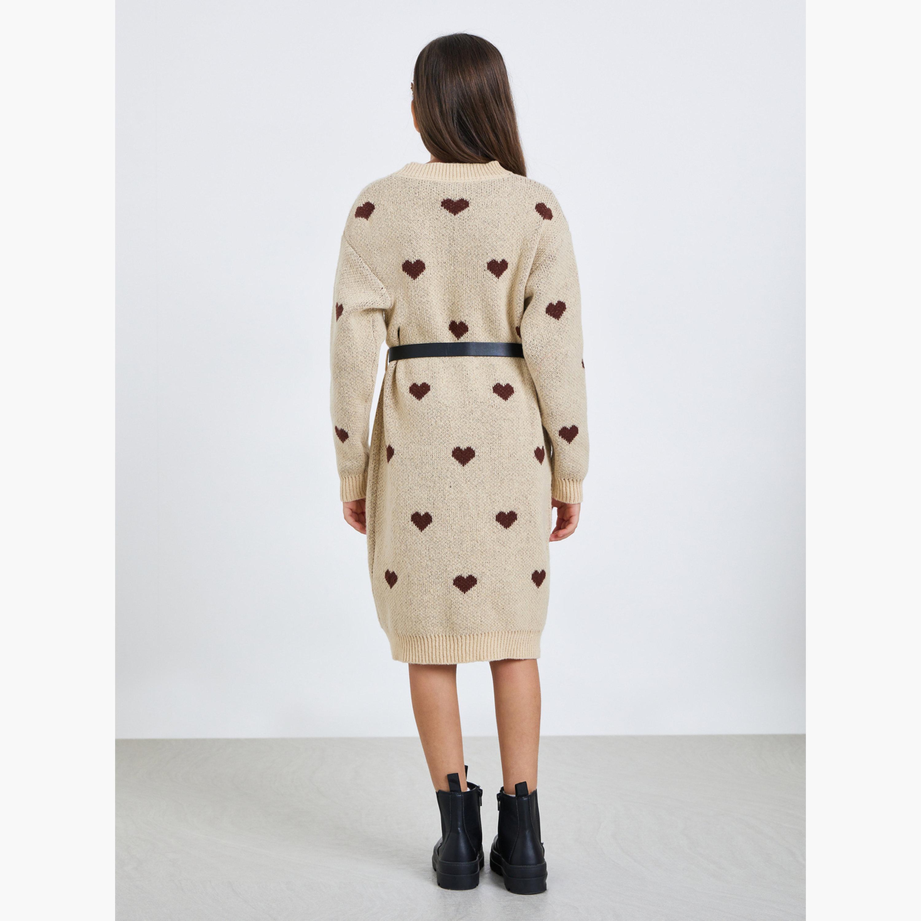 Styli Girls Beige Heart Knit Sweater Dress with Belt-girls-clothing-jumpersandcardigans-image-4