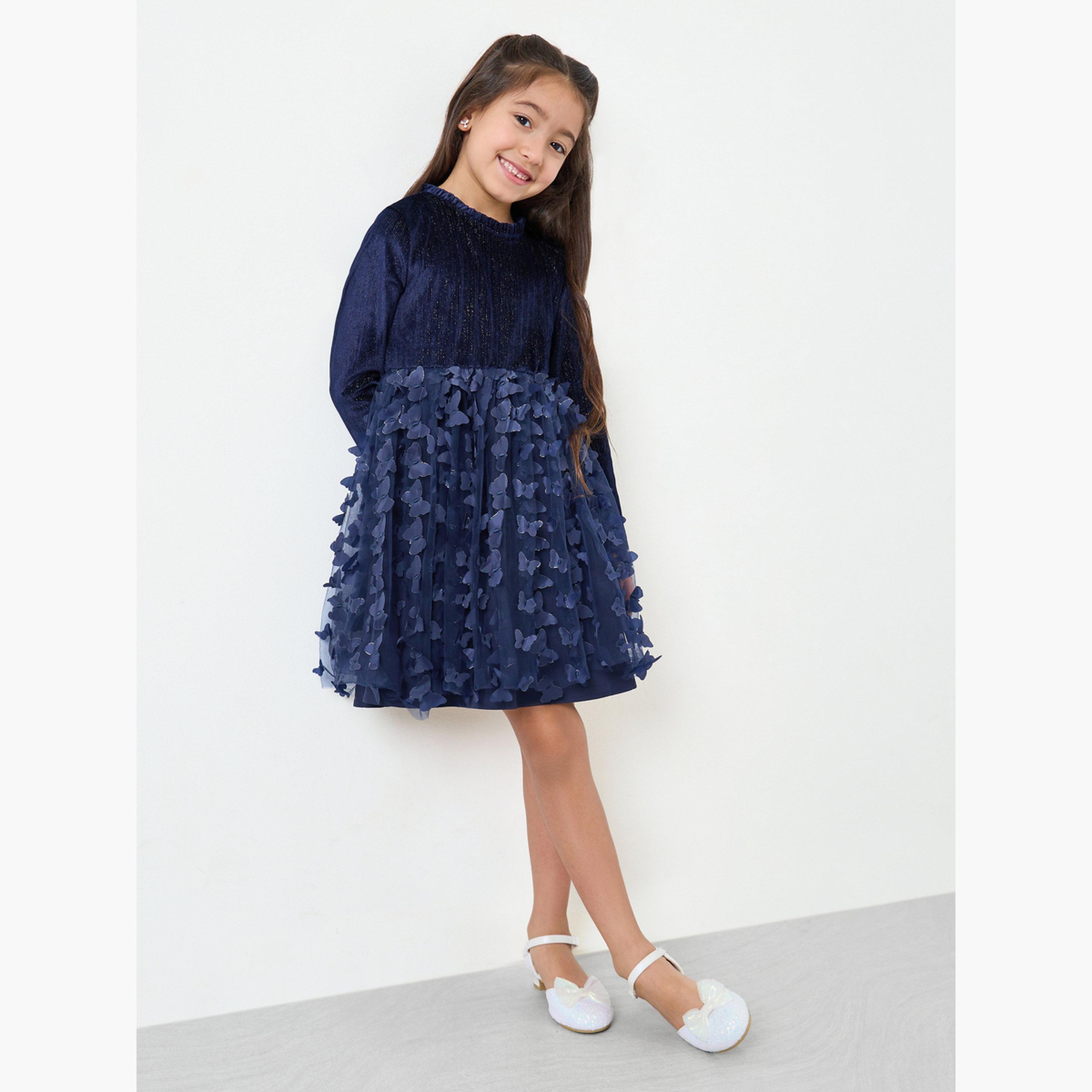 ستايلي - فستان بناتي بأكمام طويلة على شكل فراشة أزرق داكن-girls-clothing-dressesandjumpsuits-image-1