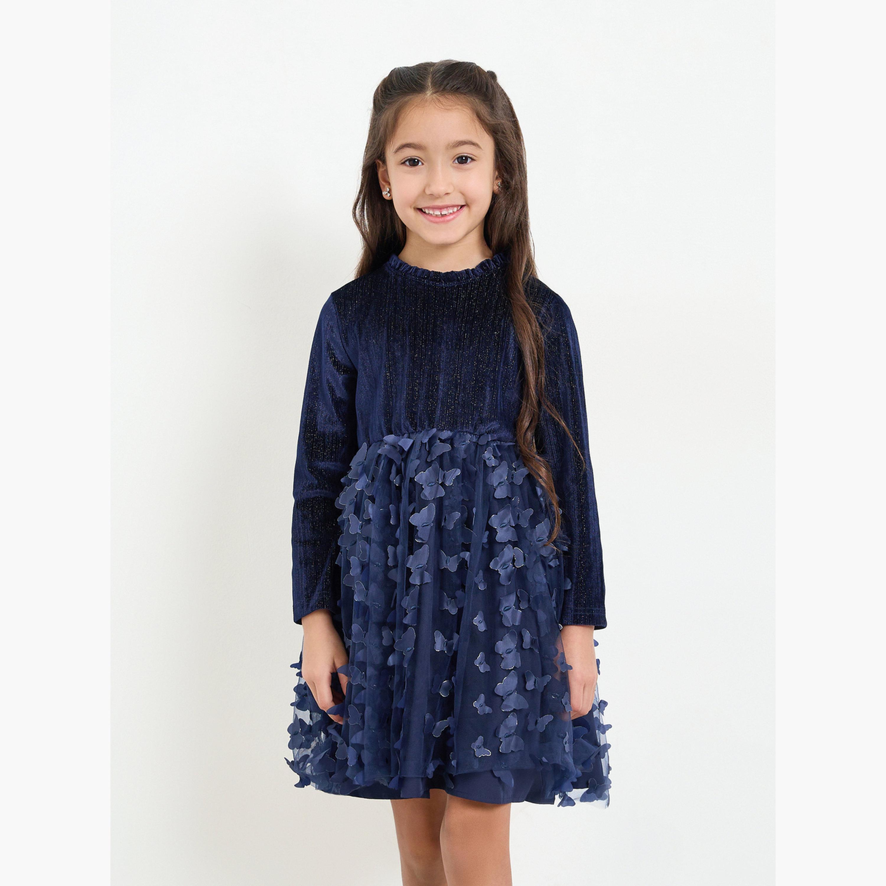 ستايلي - فستان بناتي بأكمام طويلة على شكل فراشة أزرق داكن-girls-clothing-dressesandjumpsuits-image-2