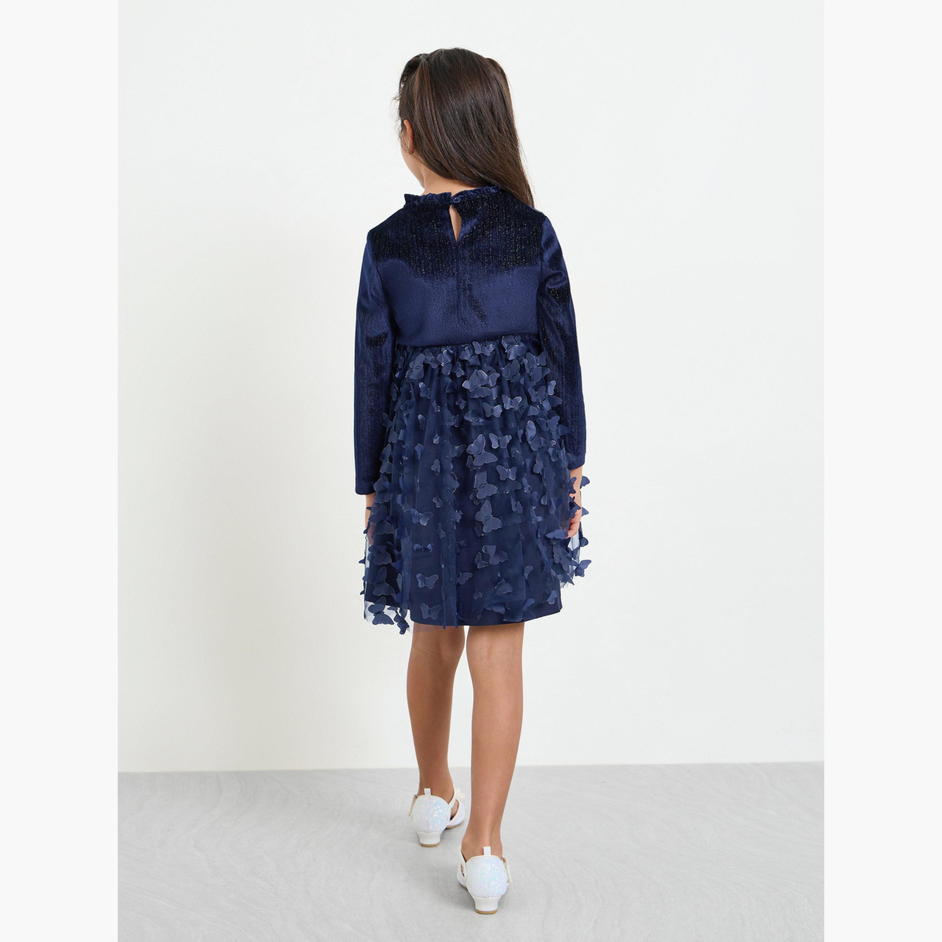 ستايلي - فستان بناتي بأكمام طويلة على شكل فراشة أزرق داكن-girls-clothing-dressesandjumpsuits-image-3
