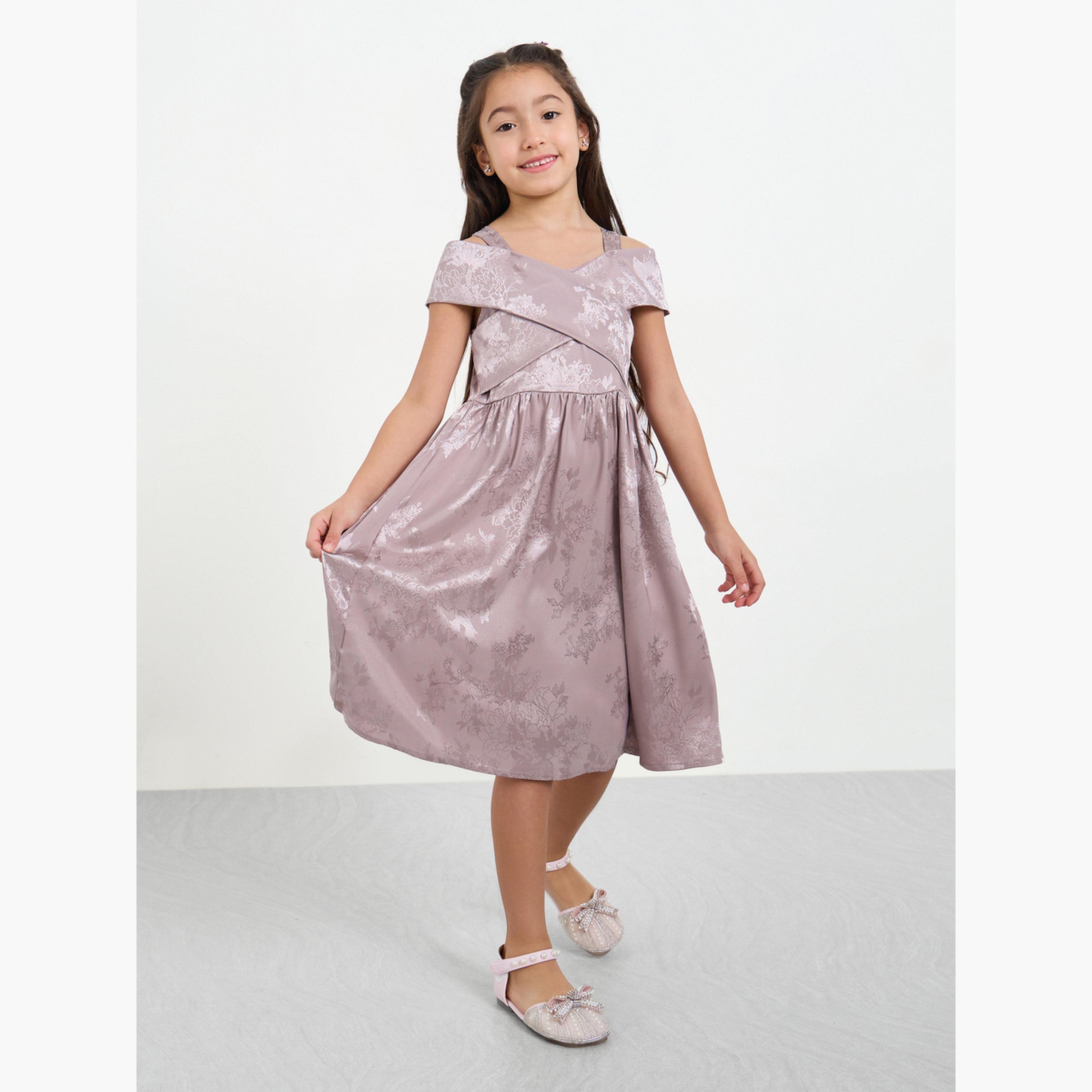 ستايلي - فستان بناتي بنفسجي فاتح تصميم كتف متقاطع-girls-clothing-dressesandjumpsuits-image-1
