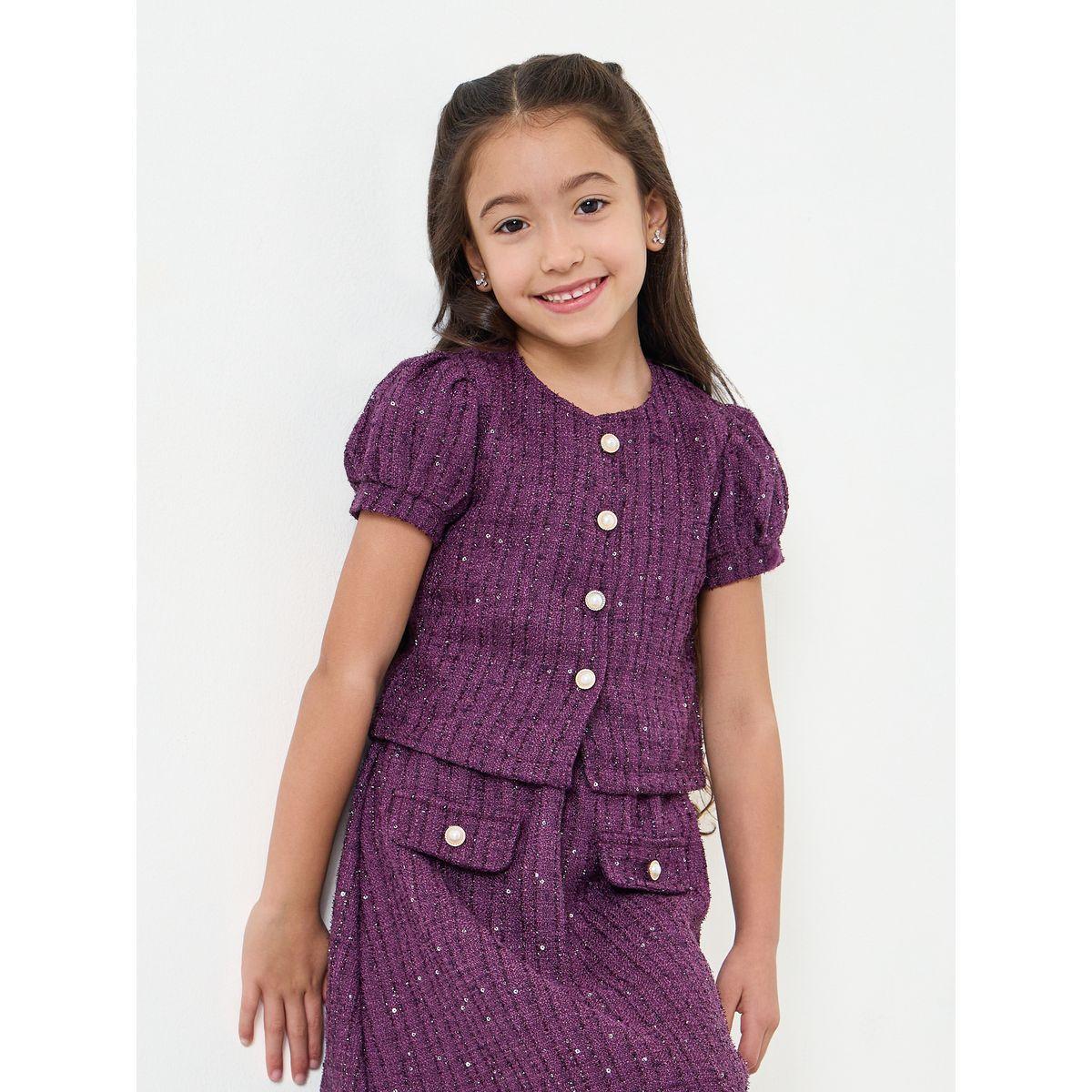 ستايلي - طقم تنورة وقميص للبنات من قماش تويد لون بنفسجي-girls-clothing-setsandcoords-image-3