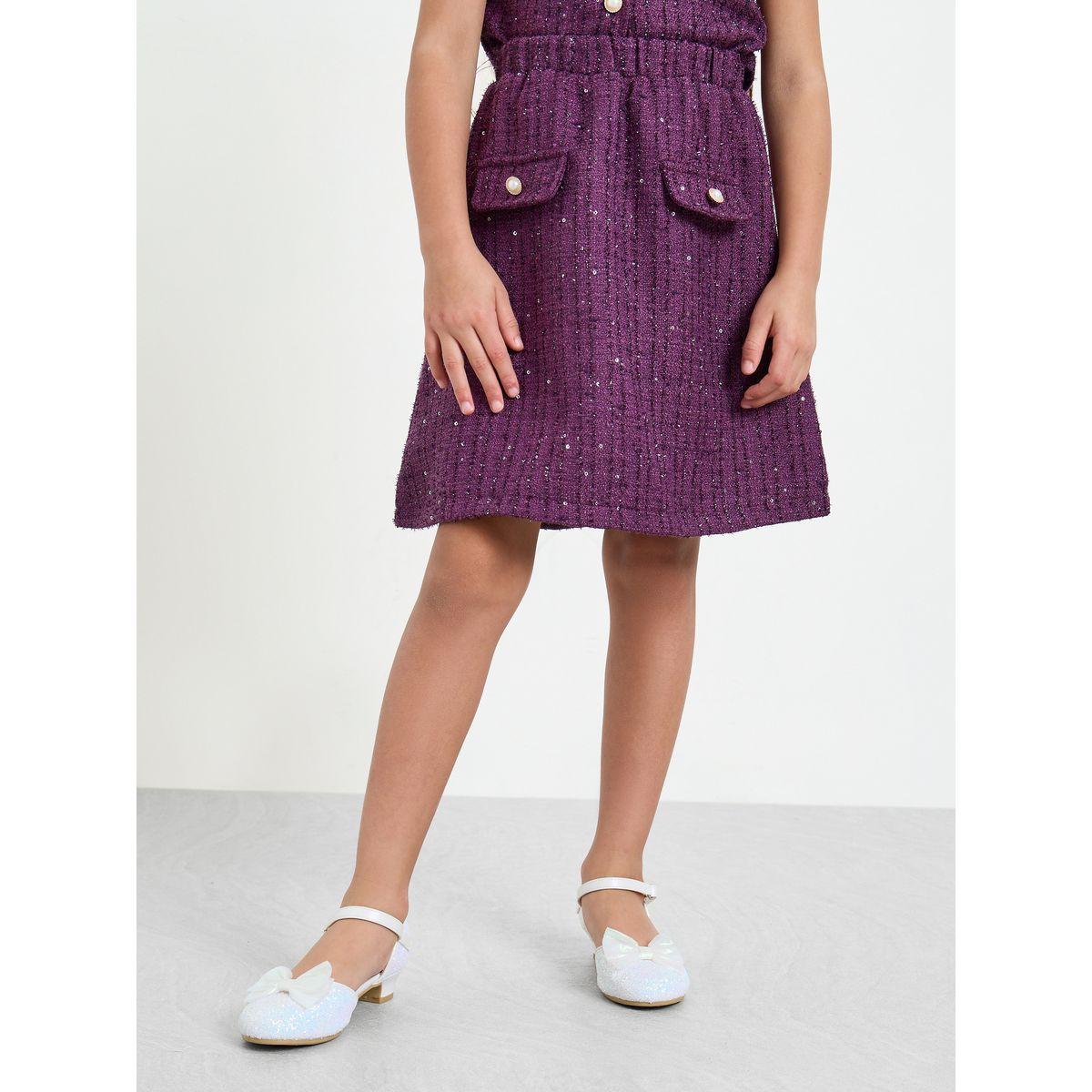 ستايلي - طقم تنورة وقميص للبنات من قماش تويد لون بنفسجي-girls-clothing-setsandcoords-image-5