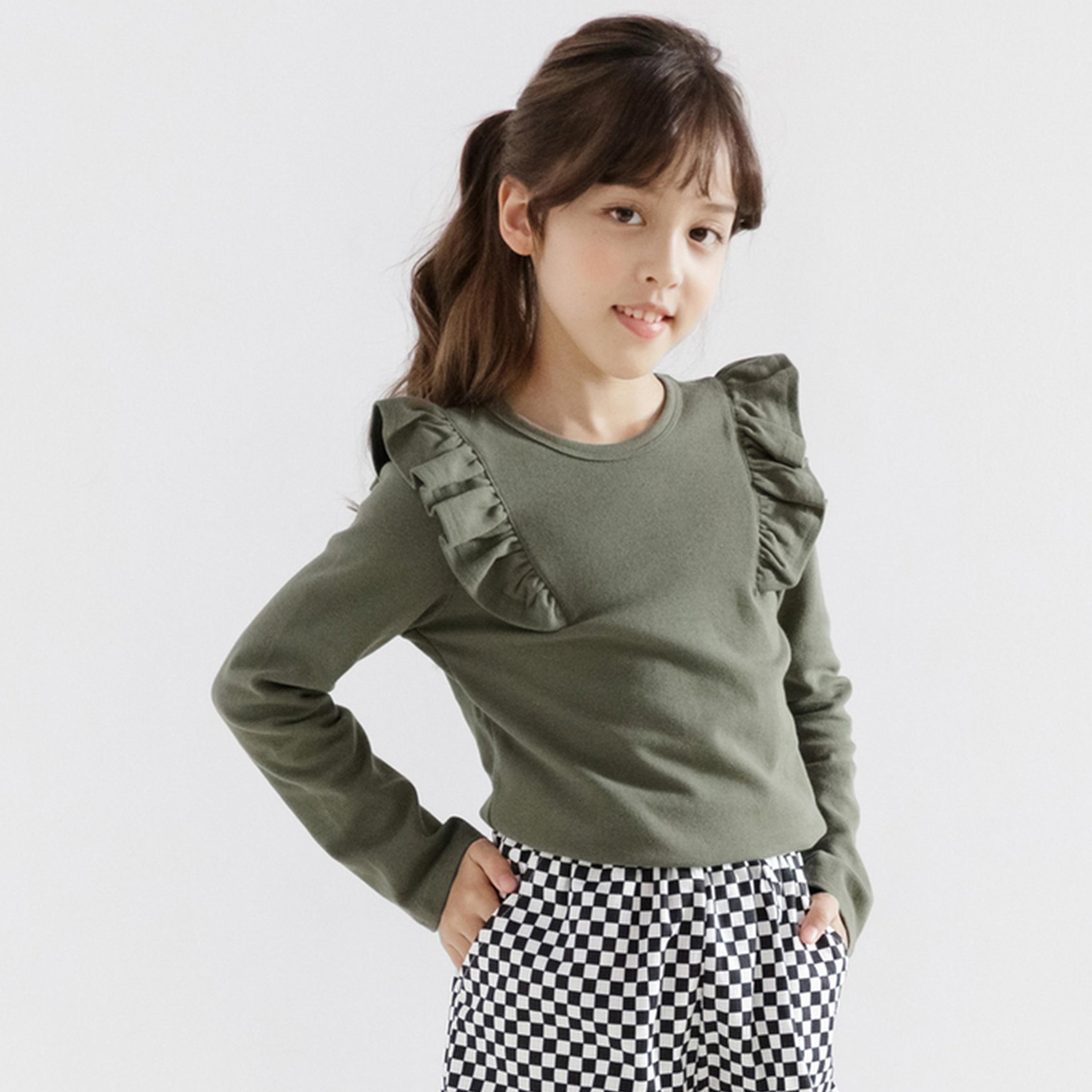 تيك تو - بلوزة بناتي لون كاكي أكمام طويلة مكشكشة-girls-clothing-blousesandshirts-image-4