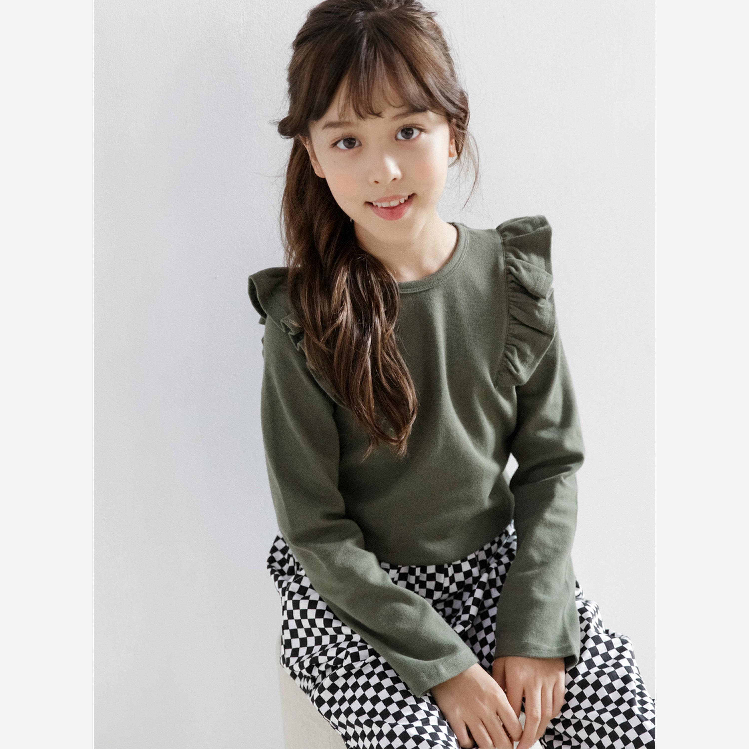 تيك تو - بلوزة بناتي لون كاكي أكمام طويلة مكشكشة-girls-clothing-blousesandshirts-image-2