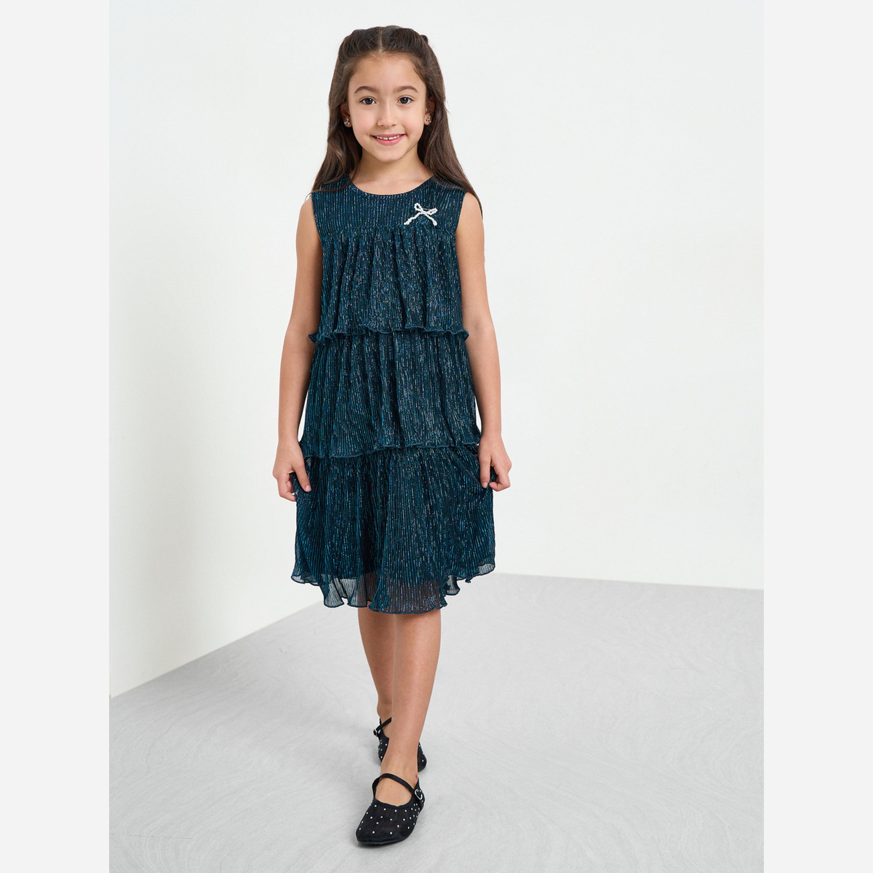 Styli Girls Teal Sleeveless Tiered Dress-girls-clothing-dressesandjumpsuits-image-1