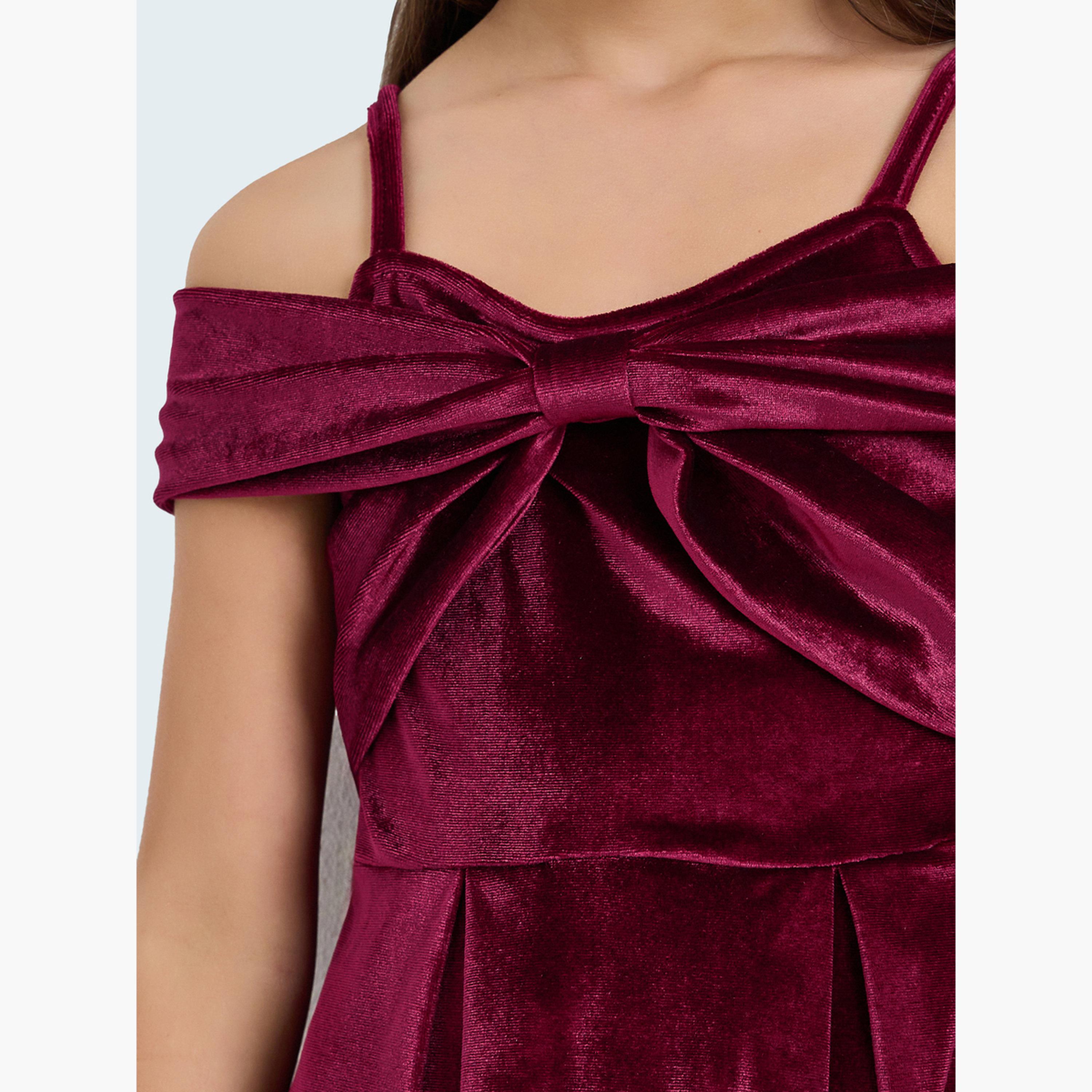 ستايلي - فستان بناتي مخمل بأكتاف مكشوفة لون برغندي-girls-clothing-dressesandjumpsuits-image-4