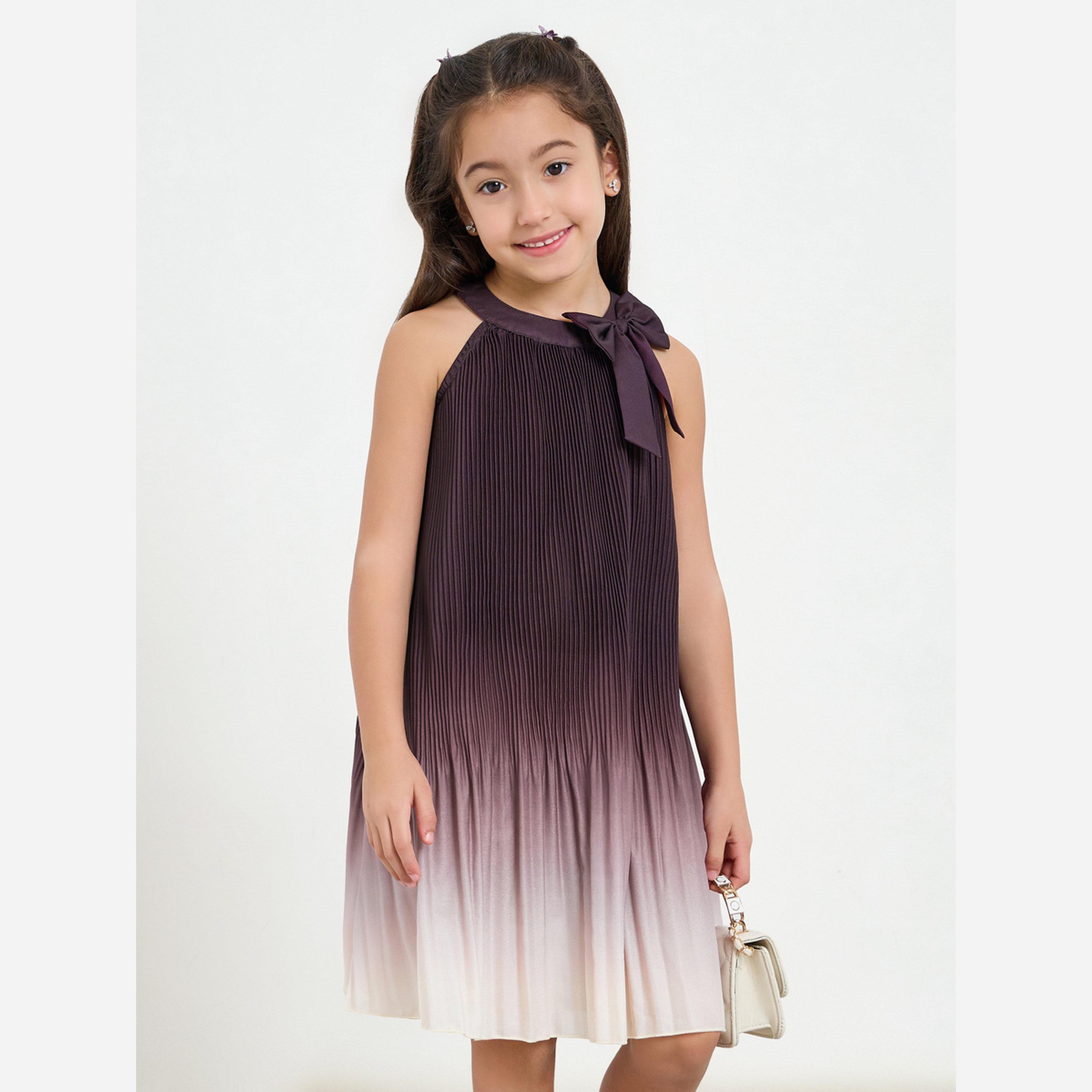 Styli Girls Burgundy Pleated Dress with Bow Detail-girls-clothing-dressesandjumpsuits-image-2